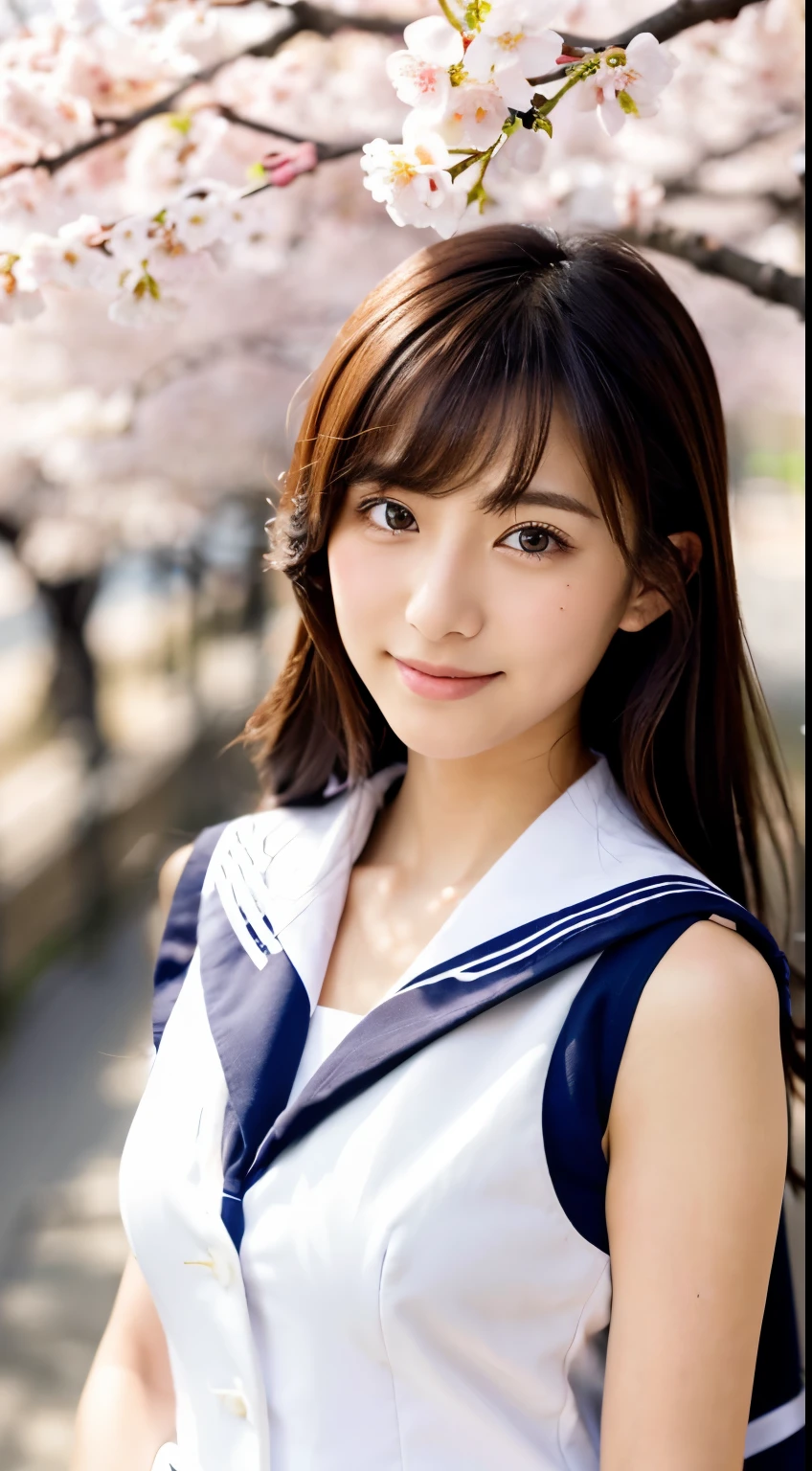 (((beautiful japanese high school girl))) 、1 person、big breasts、(((At the cherry blossom trees in bloom)))、doing a sexy pose、(((A revealing sleeveless white sailor suit)))、(((super mile))、photorealistic、With a clearer image、beautiful detailed eyes、hyper realism、high contrast、Ultra HD、realistic skin texture、Highest image quality、highest quality、ultra high resolution、Finely detailed、very carefully
