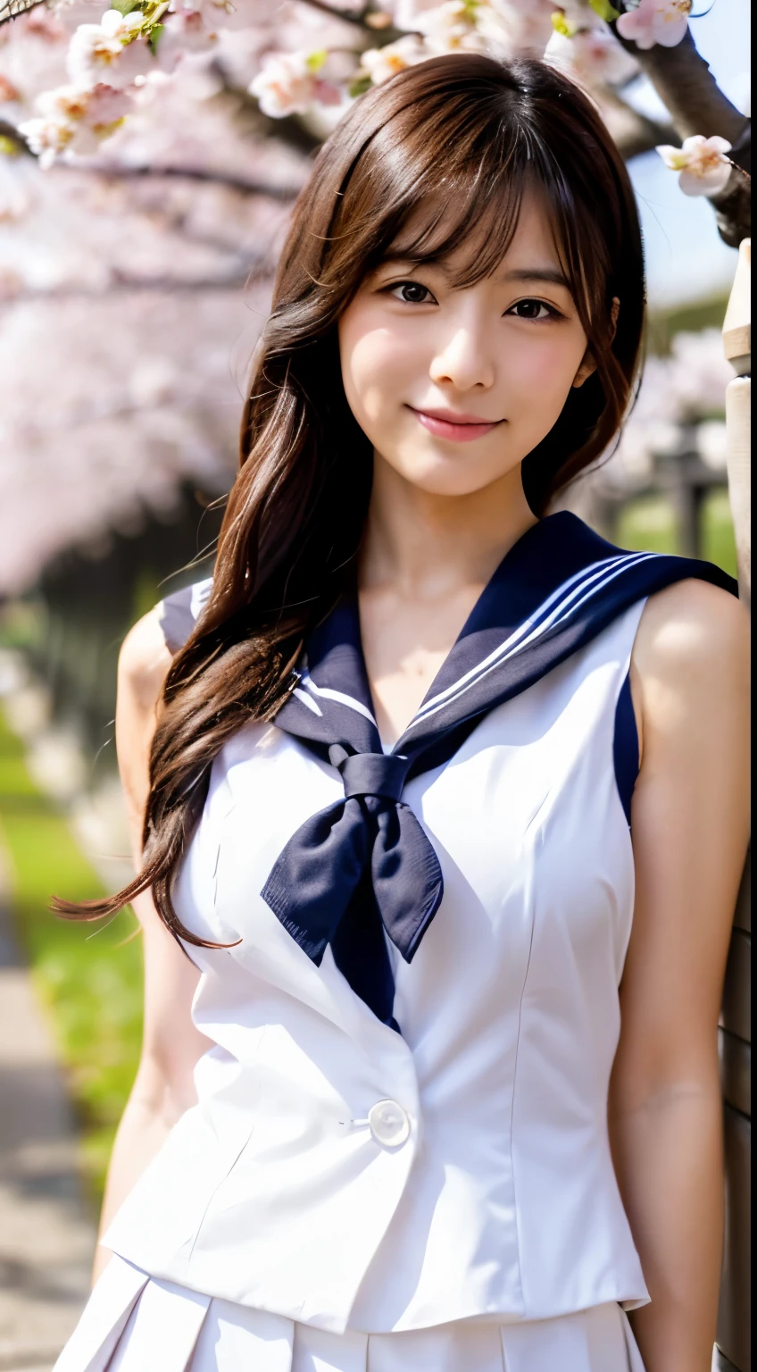 (((beautiful japanese high school girl))) 、1 person、big breasts、(((At the cherry blossom trees in bloom)))、doing a sexy pose、(((A revealing sleeveless white sailor suit)))、(((super mile))、photorealistic、With a clearer image、beautiful detailed eyes、hyper realism、high contrast、Ultra HD、realistic skin texture、Highest image quality、highest quality、ultra high resolution、Finely detailed、very carefully
