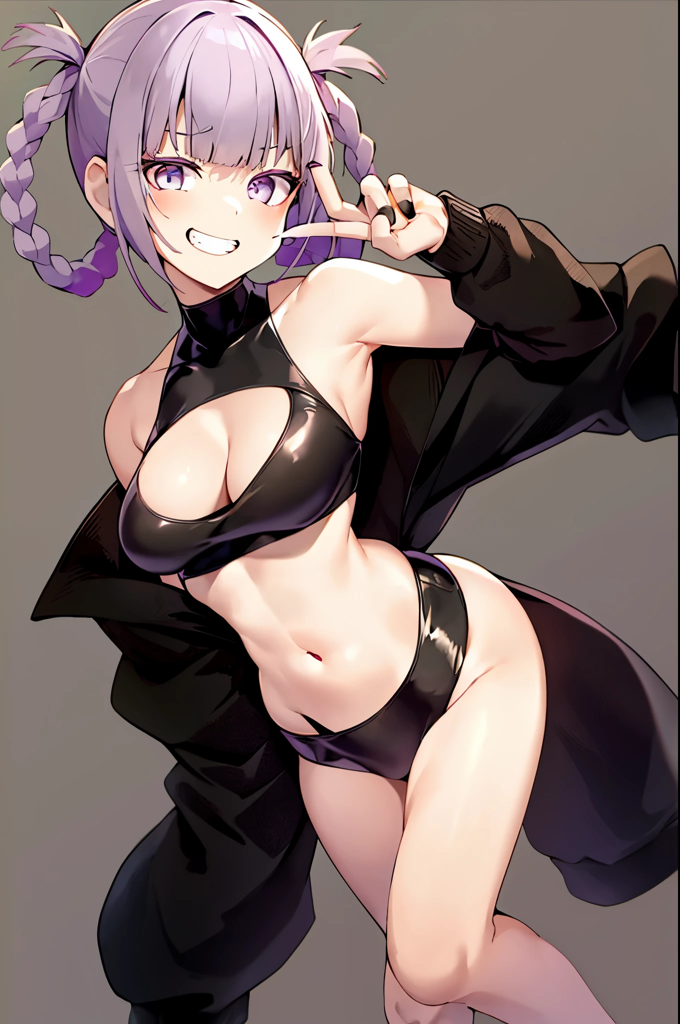 nanakusa nazuna,

1girl, bangs, bare shoulders, black nails, braid, breasts, cleavage cutout, clothing cutout, grin, groin, hair rings, hand on hip, hand up, jacket, light purple hair, long sleeves, looking at viewer, nail polish, navel, open clothes, open jacket, sleeveless, sleeveless turtleneck, sleeveless turtleneck crop top, smile, solo, turtleneck, w,

