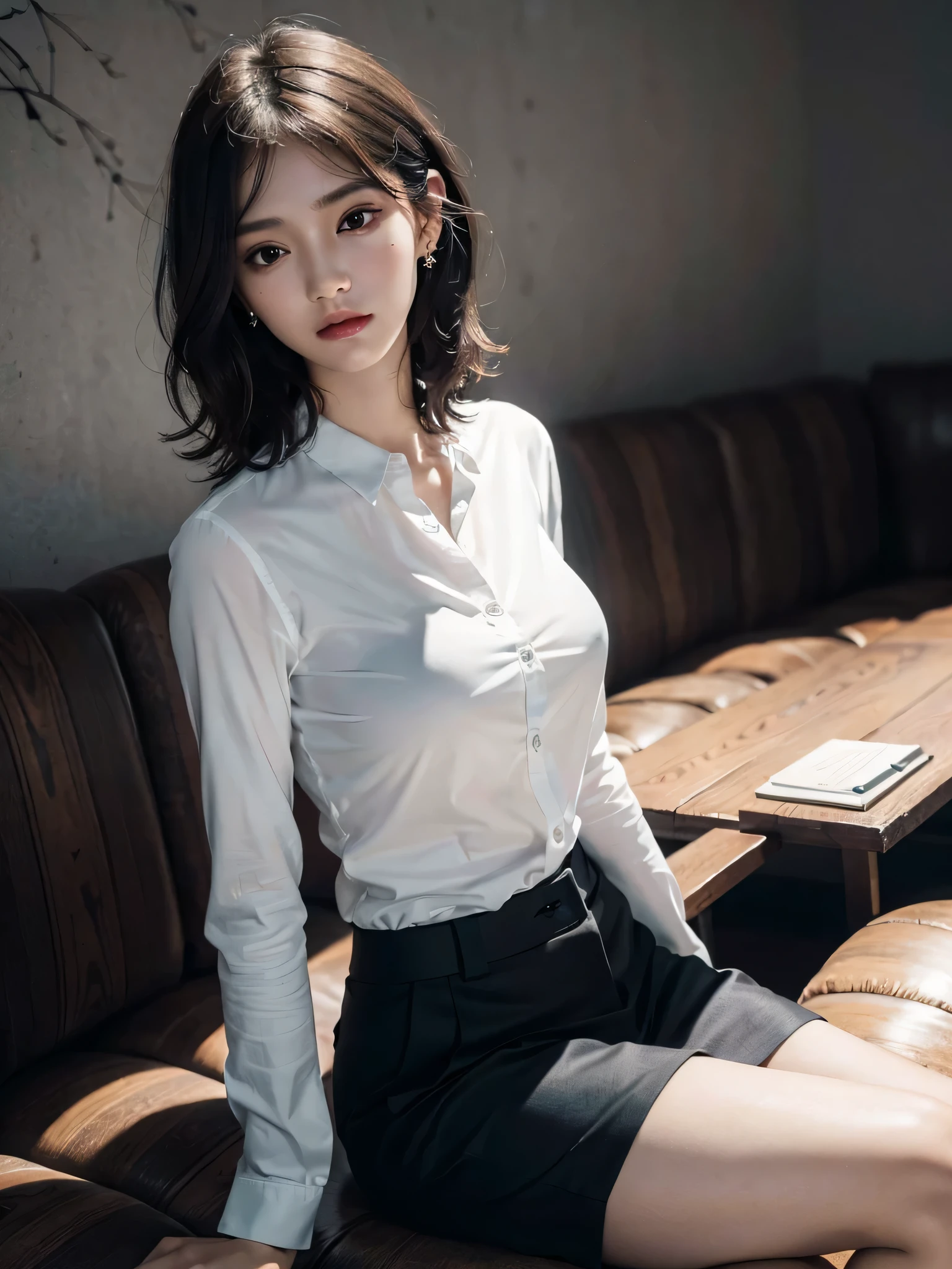 (disorganized, RAW photo, very delicate and beautiful, masterpiece, highest quality, ultra high resolution, 16k, surreal, super detailed, perfect anatomy, super dense skin, perfect figure:1.3), Highly detailed CG 8k wallpaper, 20&#39;s, very slim body, tight waist, very small head, very small face, delicate facial features, tearful mole, earrings, thin legs, (very huge round breasts:1.1), (full body shot:1.1), (1 girl:1), short hair, (wavy hair:1.1), (collared shirt:1.1), (suit:1.1),