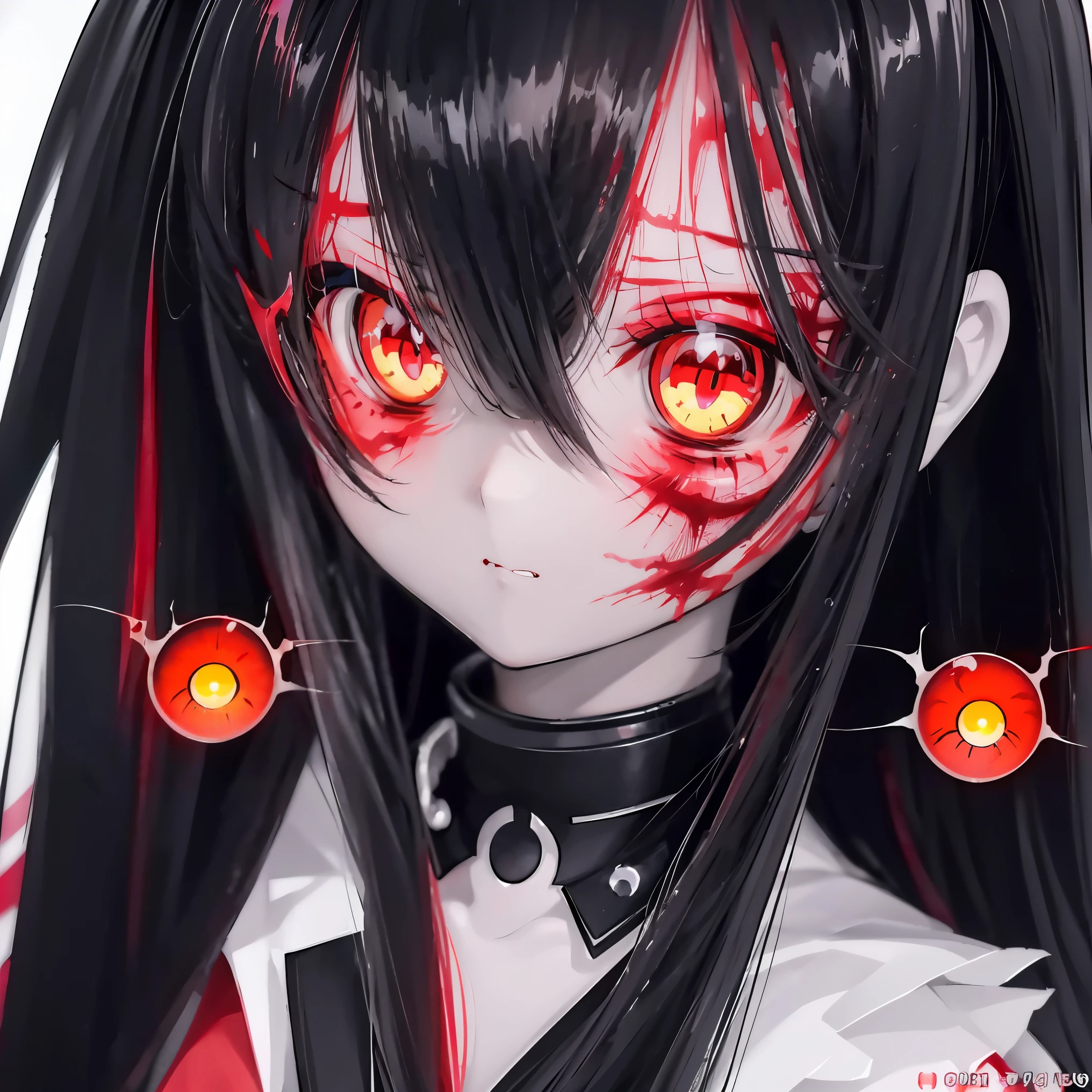 anime zombie girl with red eyes and black hair with long black hair, with glowing red eyes, anime style 4 k, with red glowing eyes, luminous red eyes,  black anime pupils in her eyes, anime style. 8k, 4k anime wallpaper, anime zombie girl, scary zombie girl appearance, bright red eyes, bloody, badass anime 8 k, (close-up:1.1),