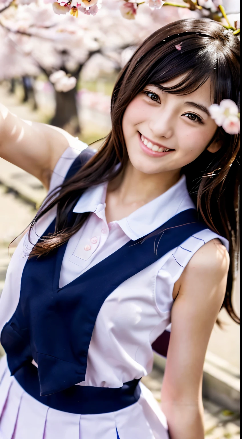 (((beautiful japanese high school girl))) 、1 person、(((At the cherry blossom trees in bloom)))、doing a sexy pose、(((A revealing sleeveless sailor suit)))、(((Glamour)))、((smile))、photorealistic、With a clearer image、beautiful detailed eyes、hyper realism、high contrast、Ultra HD、realistic skin texture、Highest image quality、highest quality、ultra high resolution、Finely detailed、very carefully

