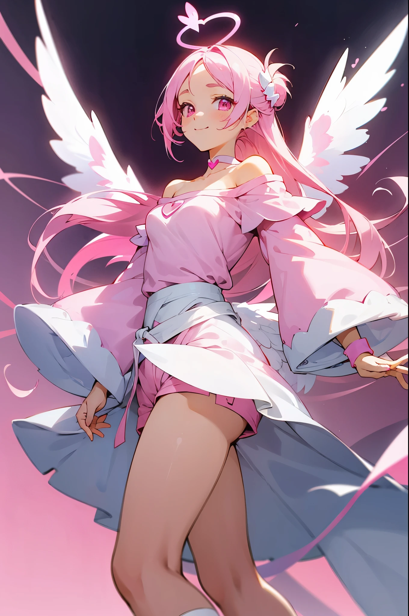 female, anime girl, image is front view of her body, face smiling, long loose pink anime side hair to the waist, valentines off shoulder slightly cropped top with white heart in the middle and hearts towards the ends of the sleeve, white and pink shorts with pink and white socks, white wings, pink halo on top of head, half body, cute pose, cute style body, pink gradient background, pink eyes, white butterflies around her, the top and bottom are separate,