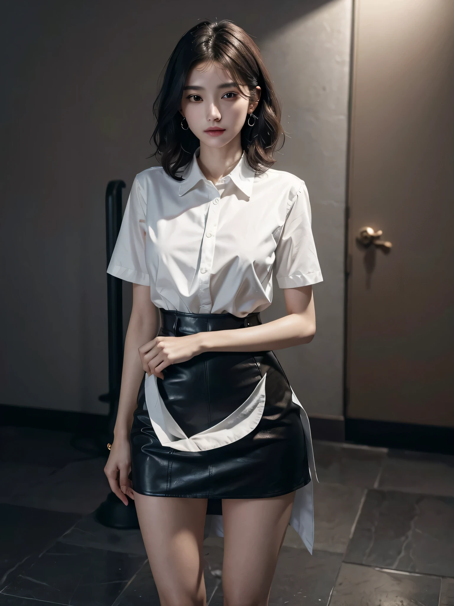 disorganized, RAW photo, very delicate and beautiful, masterpiece, highest quality, ultra high resolution, 16k, surreal, super detailed, perfect anatomy, super dense skin, perfect figure, Highly detailed CG 8k wallpaper, 20's, very slim body, tight waist, very small head, very small face, delicate facial features, tearful mole, earrings, thin legs, (very huge round breasts:1.1), (full body shot:1.2), (1 girl:1), short hair, (wavy hair:1.1), (collared shirt:1.1), leather skirt, garden,