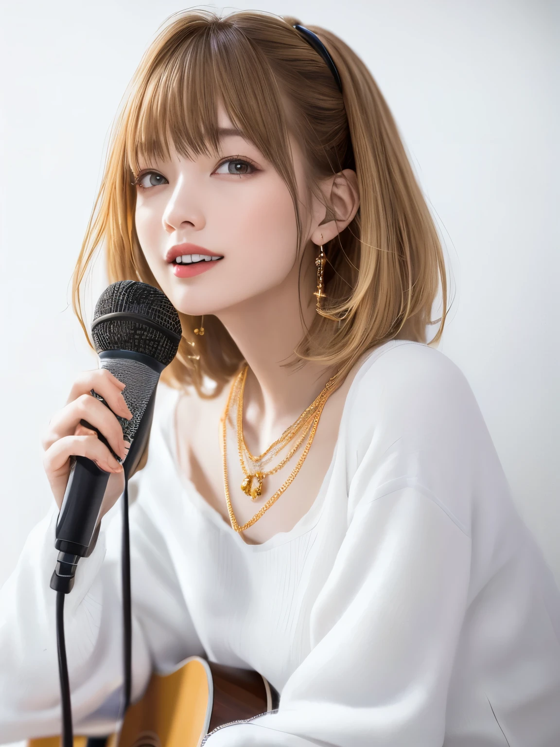 wearing a stylish dress、heart shaped necklace、beautiful woman、blonde、Girly hairstyle、Singing、playing the guitar、(((The background is a pure white wall)))、I'm smiling、