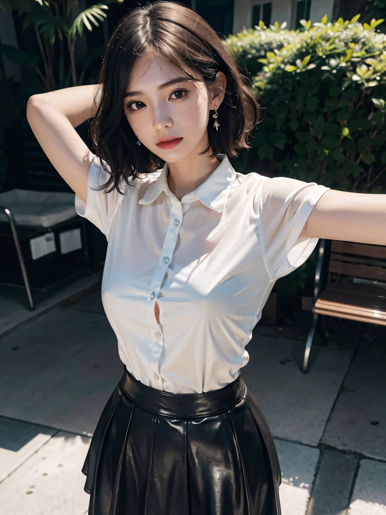 disorganized, RAW photo, very delicate and beautiful, masterpiece, highest quality, ultra high resolution, 16k, surreal, super detailed, perfect anatomy, super dense skin, perfect figure, Highly detailed CG 8k wallpaper, 20&#39;s, very slim body, tight waist, very small head, very small face, delicate facial features, tearful mole, earrings, thin legs, (very huge round breasts:1.1), (full body shot:1.2), (1 girl:1), short hair, (wavy hair:1.1), (sheer collar shirt:1.1), leather skirt, (at the park:1.1),