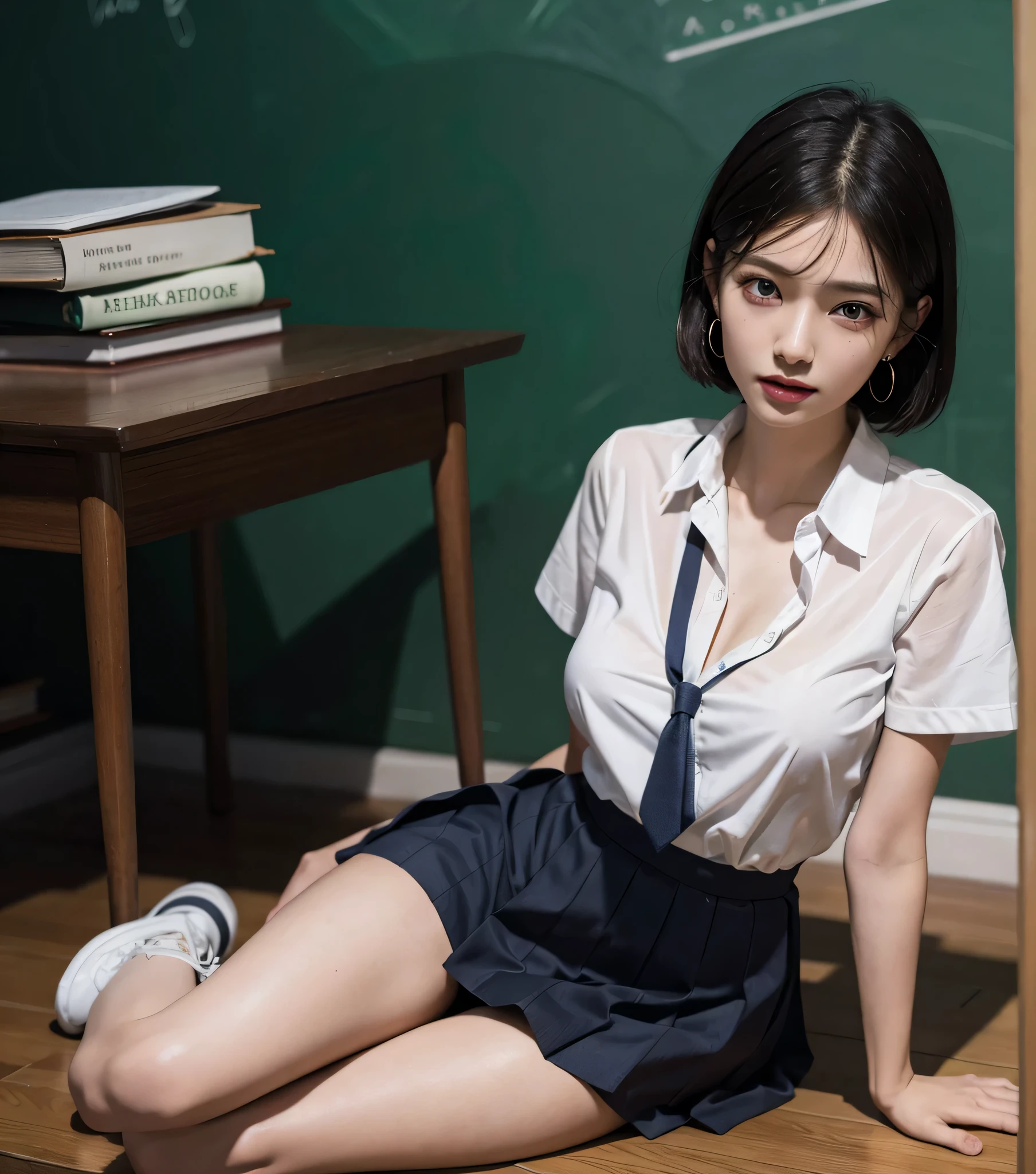 porn, Focus on vagina, RAW, Best quality, high resolution, masterpiece: 1.3), Beautiful young indonesian girl with short wavy hair, porn, sits on a pile of books, open legs showing vagina, wet vagina, creamy vagina, squirting, dildo on vagina, on a top, ((senior high school clothes)), orgasm, highres, 4k, HDR, 1girl, realistic, big breasts, short wavy hair, ((whole body)) turning away facial at viewer, closeup, school building background.