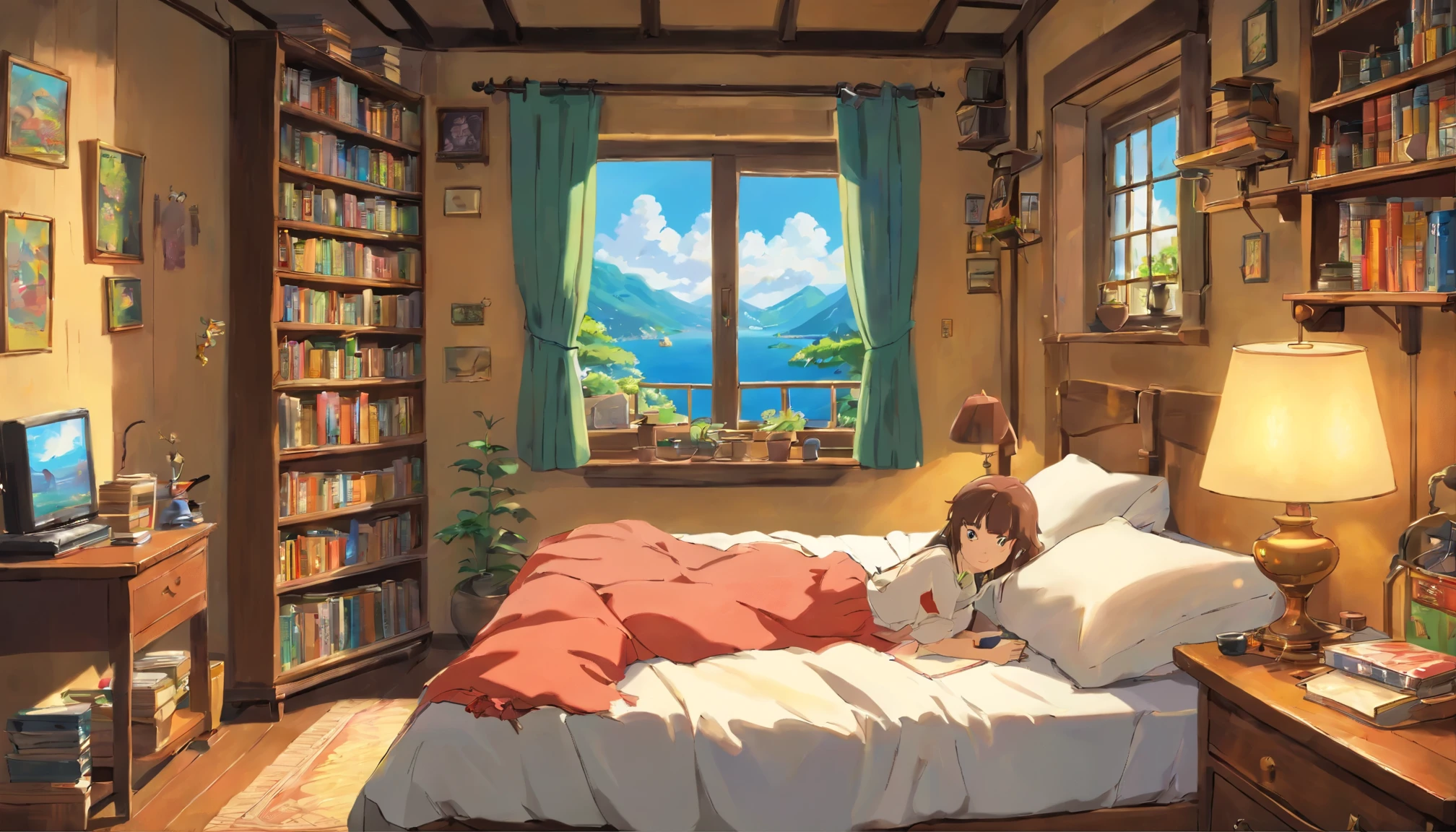 realistic, authentique, beautiful and amazing oil painting'huile de paysage, chambre de jeune adulte, messy bed, with books and video games