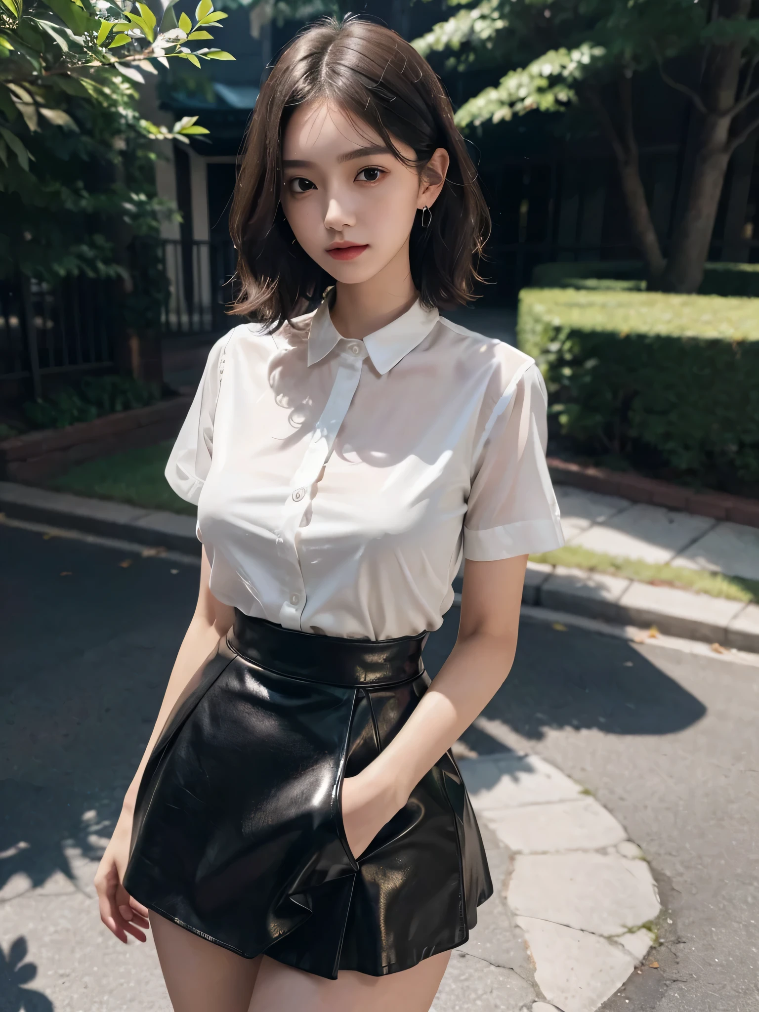 disorganized, RAW photo, very delicate and beautiful, masterpiece, highest quality, ultra high resolution, 16k, surreal, super detailed, perfect anatomy, super dense skin, perfect figure, Highly detailed CG 8k wallpaper, 20's, very slim body, tight waist, very small head, very small face, delicate facial features, tearful mole, earrings, thin legs, (very huge round breasts:1.2), (full body shot:1.2), (1 girl:1), short hair, (wavy hair:1.1), (sheer collar shirt:1.1), leather skirt, (at the park:1.1),