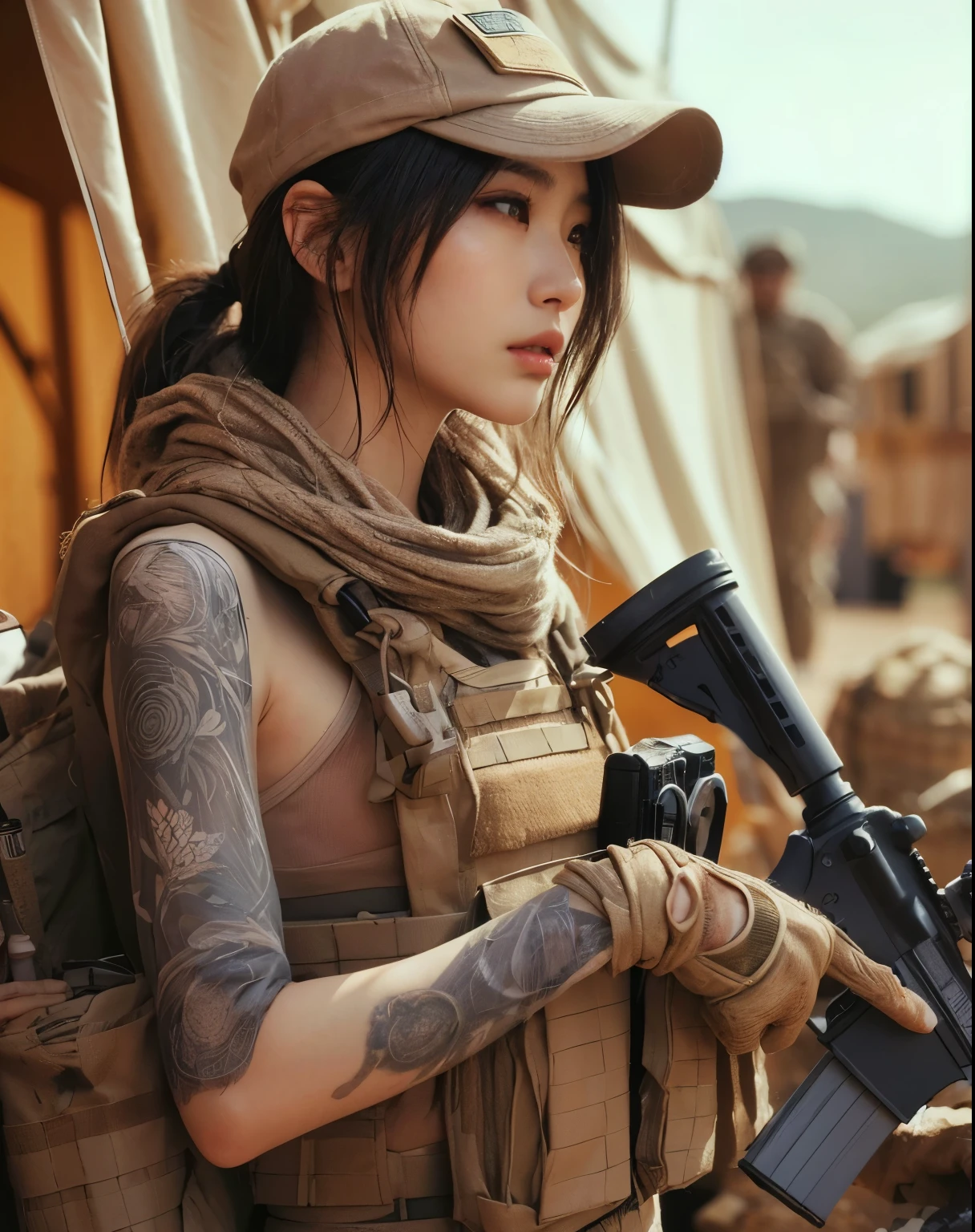 (best quality,4k,8k,highres,masterpiece:1.2),ultra-detailed,(realistic,photorealistic,photo-realistic:1.37),portrait,Beautiful Japanese woman in the US military、automatic rifle、soft,illuminated,dramatic lighting,subtle color palette,smooth brushstrokes,texture,realistic skin texture,detailed eyes,lifelike facial features,rosy cheeks,warm skin tones,gentle shadows,soft lighting,glossy lips,subtle lip color,natural hair texture,wispy eyebrows,different skin tones,unique facial expressions,fine lines and wrinkles,delicate facial contours,highly detailed clothing,soft fabrics,artistic backdrop,high-quality photography feel,depth and dimension,
