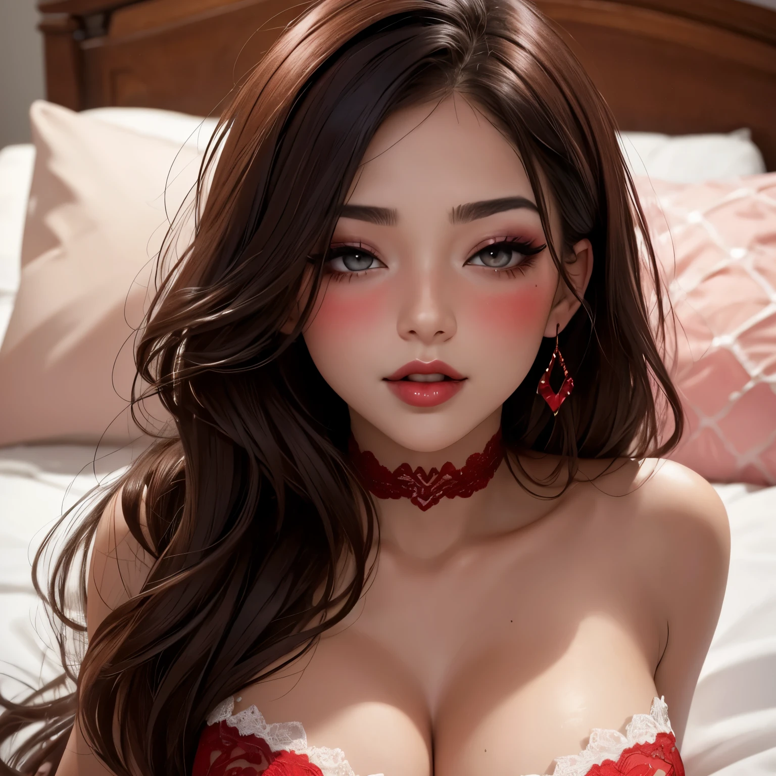Sexy woman, blushing hard, red makeup, hands pinned to the side, lying in bed, pinned, playful turned sexy, mouth parted, eyes looking at lips, very sexy and hot