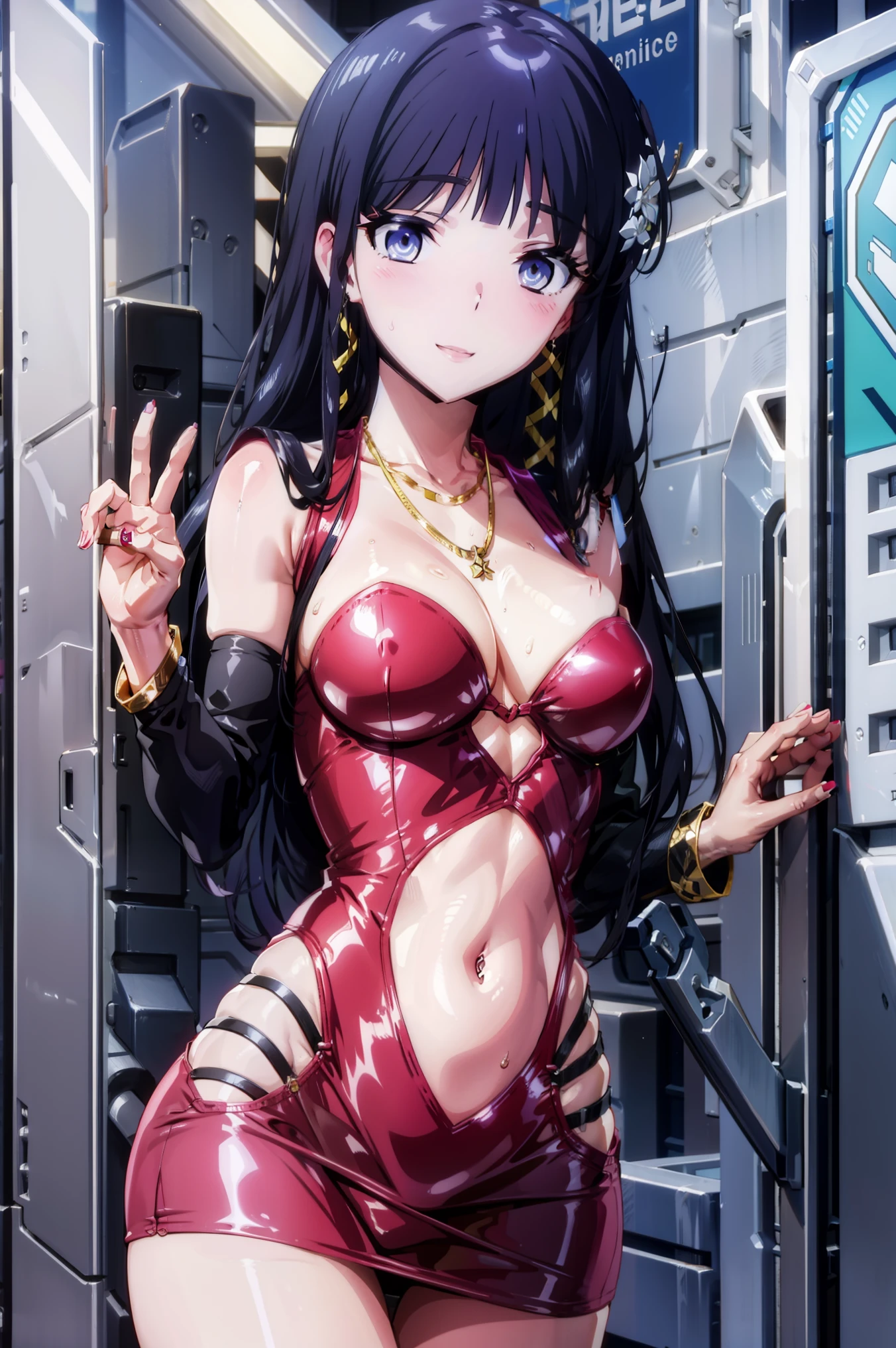 (miyuki shiba), blunt bangs, (whore outfits), casino, bodycon, microdress, miniskirt, pink dress, necklace, earring, navel, face focus, sagging breasts, shiny skin, smile