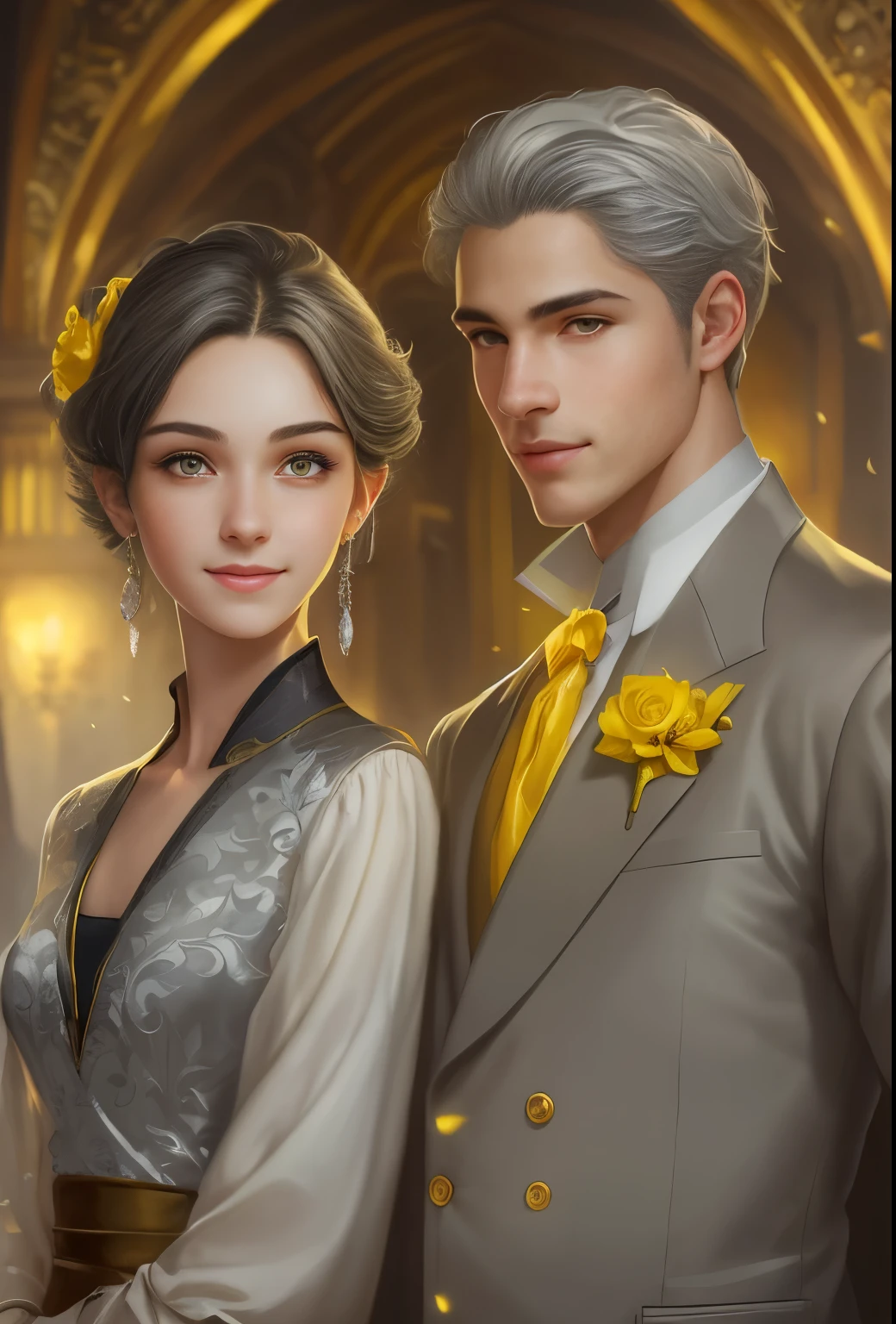 ((realistic)), (masterpiece), (5K), (best quality), 2d Couple, ((a young gray hair couple)), ((a gray long hair woman , vivid eyes, small boobs, red dress)), brown eyes, ultra well detailed eyes, ((a short gray hair guy, wearing a prince cloth, royal clothes)),((a man with a short hair)), beautiful couple pose, (summer night walk),((perfect eyes))