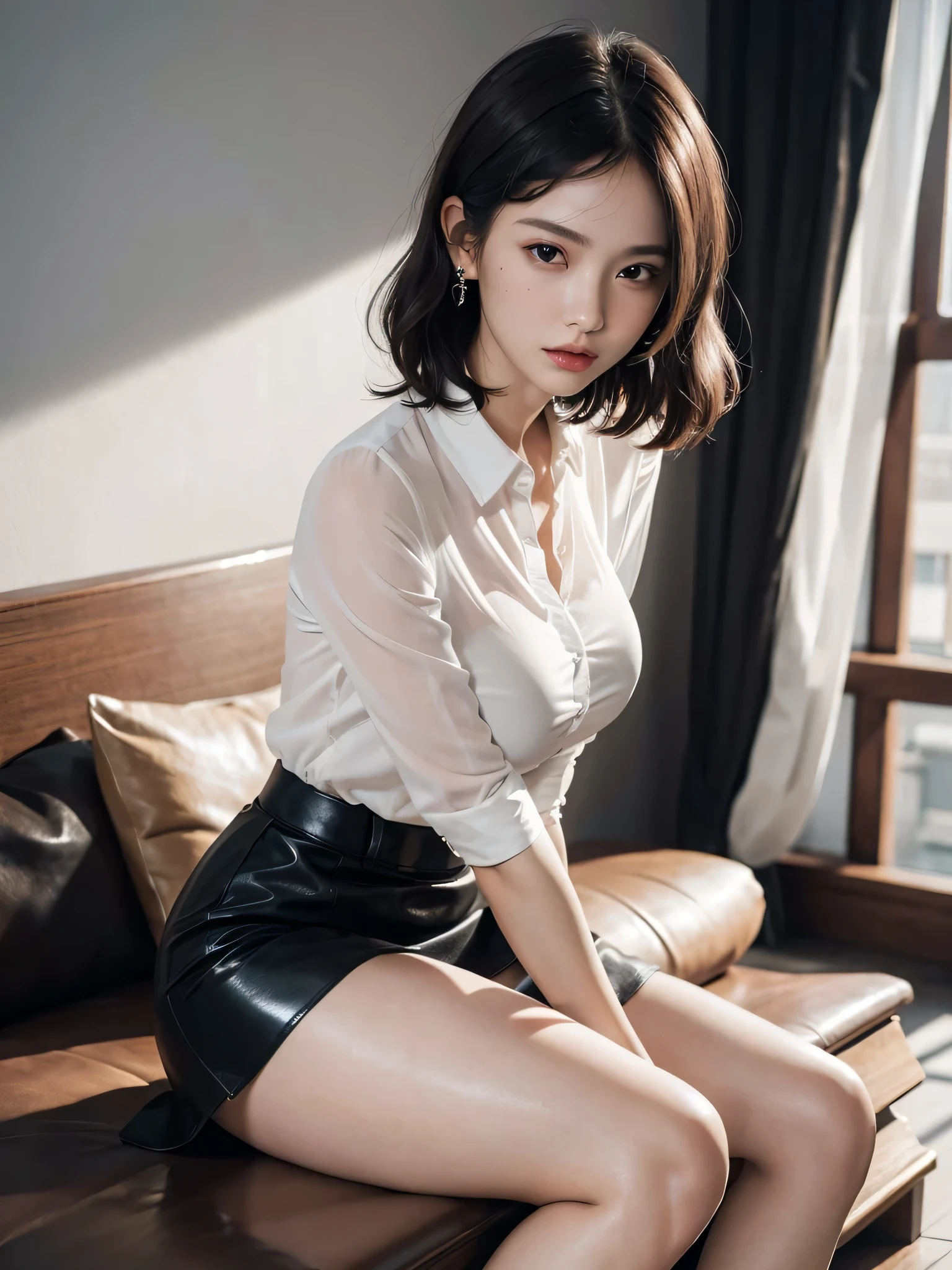 disorganized, RAW photo, very delicate and beautiful, masterpiece, highest quality, ultra high resolution, 16k, surreal, super detailed, perfect anatomy, super dense skin, perfect figure, Highly detailed CG 8k wallpaper, 20's, very slim body, tight waist, very small head, very small face, delicate facial features, tearful mole, earrings, thin legs, (very huge round breasts:1.2), (full body shot:1.2), (1 girl:1.2), short hair, (wavy hair:1.1), (sheer collar shirt:1.2), leather skirt, (heels:1.1), good,