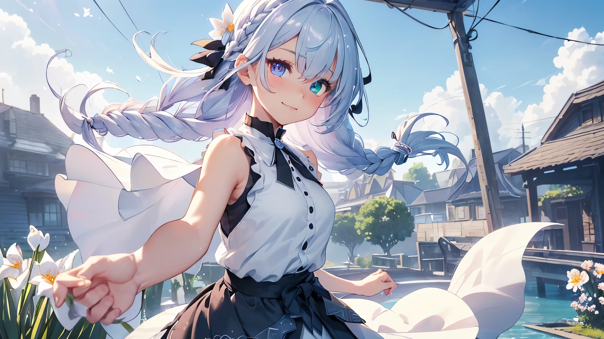 Best quality、photorealistic、super detail、delicate、orderly、high detail、bluish silver hair、(droopy iris of heterochromia,glowing eyes:1.4)、、10 years old、big smile、slender、full body、blurred background、(1 girl:1.2)、dynamic angle、game CG、(spring、Flowers fluttering in the wind、fluffy chiffon skirt、simple sandals、sleeveless shirt、Her hair is tied into a single braid and hangs down from her shoulders.:1.3),ambient occlusion、ambient light、raytracing reflections、glow、shining hair、
