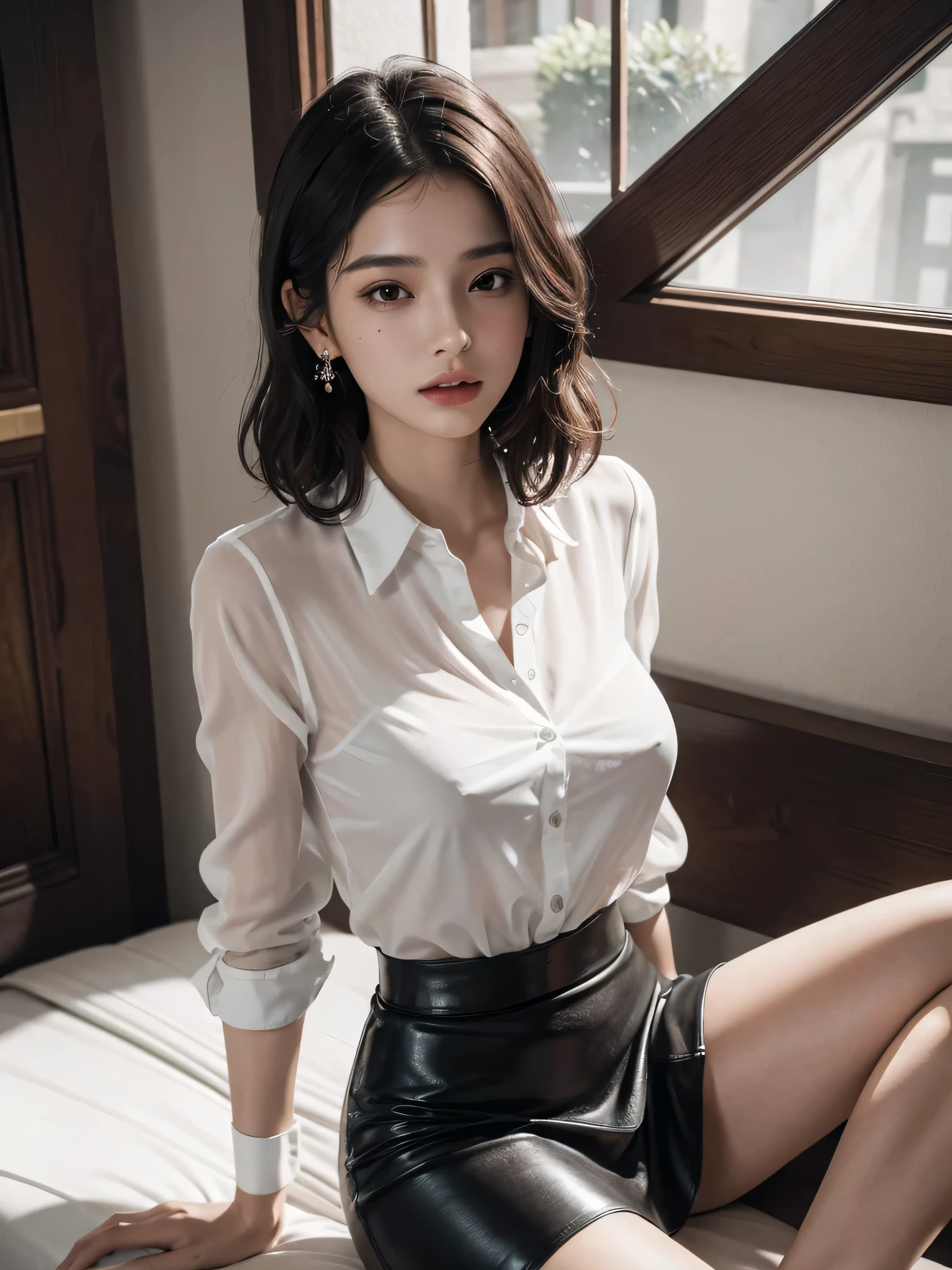 disorganized, RAW photo, very delicate and beautiful, masterpiece, highest quality, ultra high resolution, 16k, surreal, super detailed, perfect anatomy, super dense skin, perfect figure, Highly detailed CG 8k wallpaper, 20's, very slim body, tight waist, very small head, very small face, delicate facial features, tearful mole, earrings, thin legs, (very huge round breasts:1.2), (full body shot:1.2), (1 girl:1.2), short hair, (wavy hair:1.1), (sheer collar shirt:1.2), leather skirt, (heels:1.1), good,