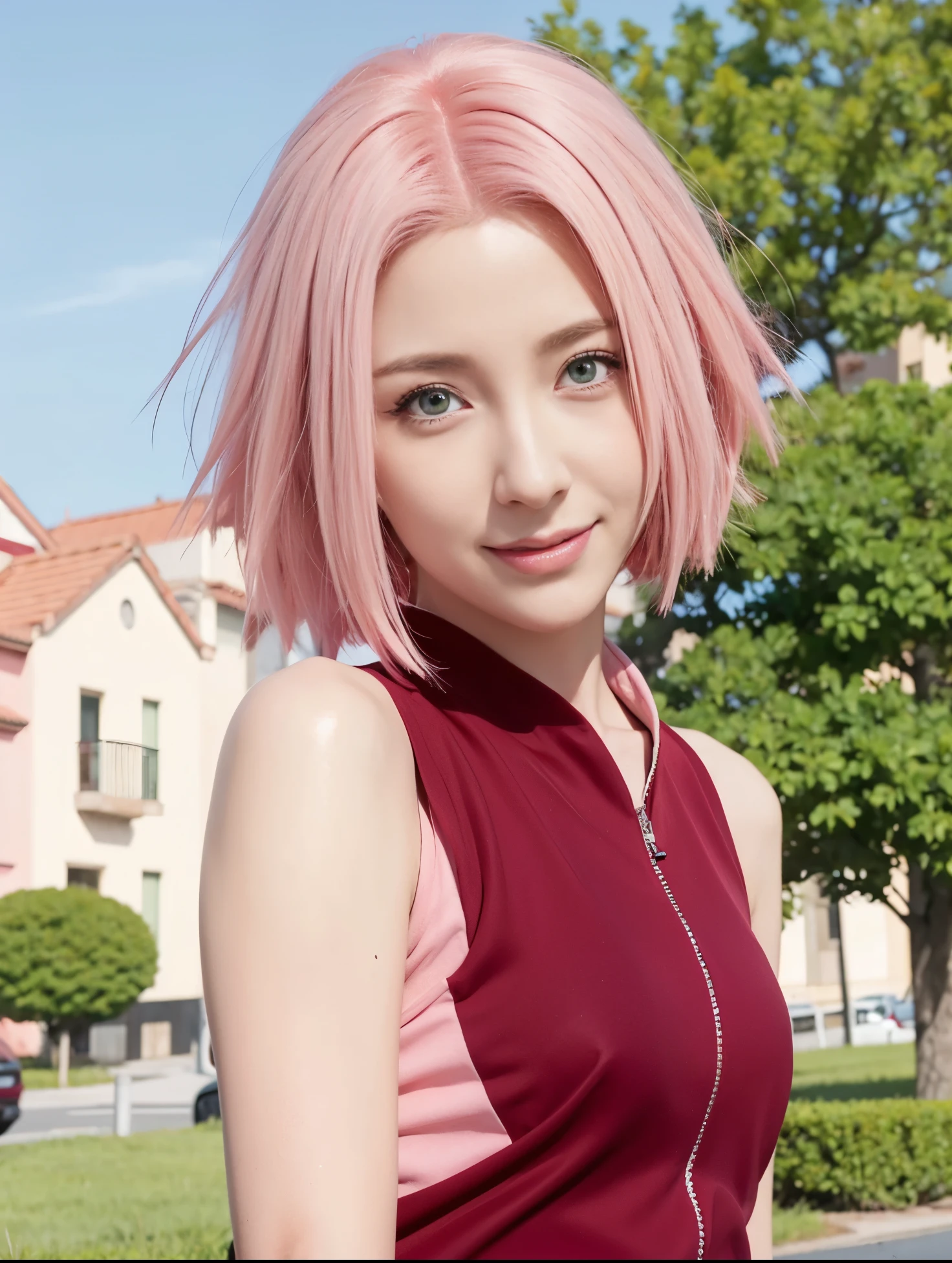 1female, haruno sakura in anime naruto shippuden, short hair , pink hair, green eyes, smile, beautiful, red clothes, realistic clothes, detail clothes, city background, ultra detail, realistic