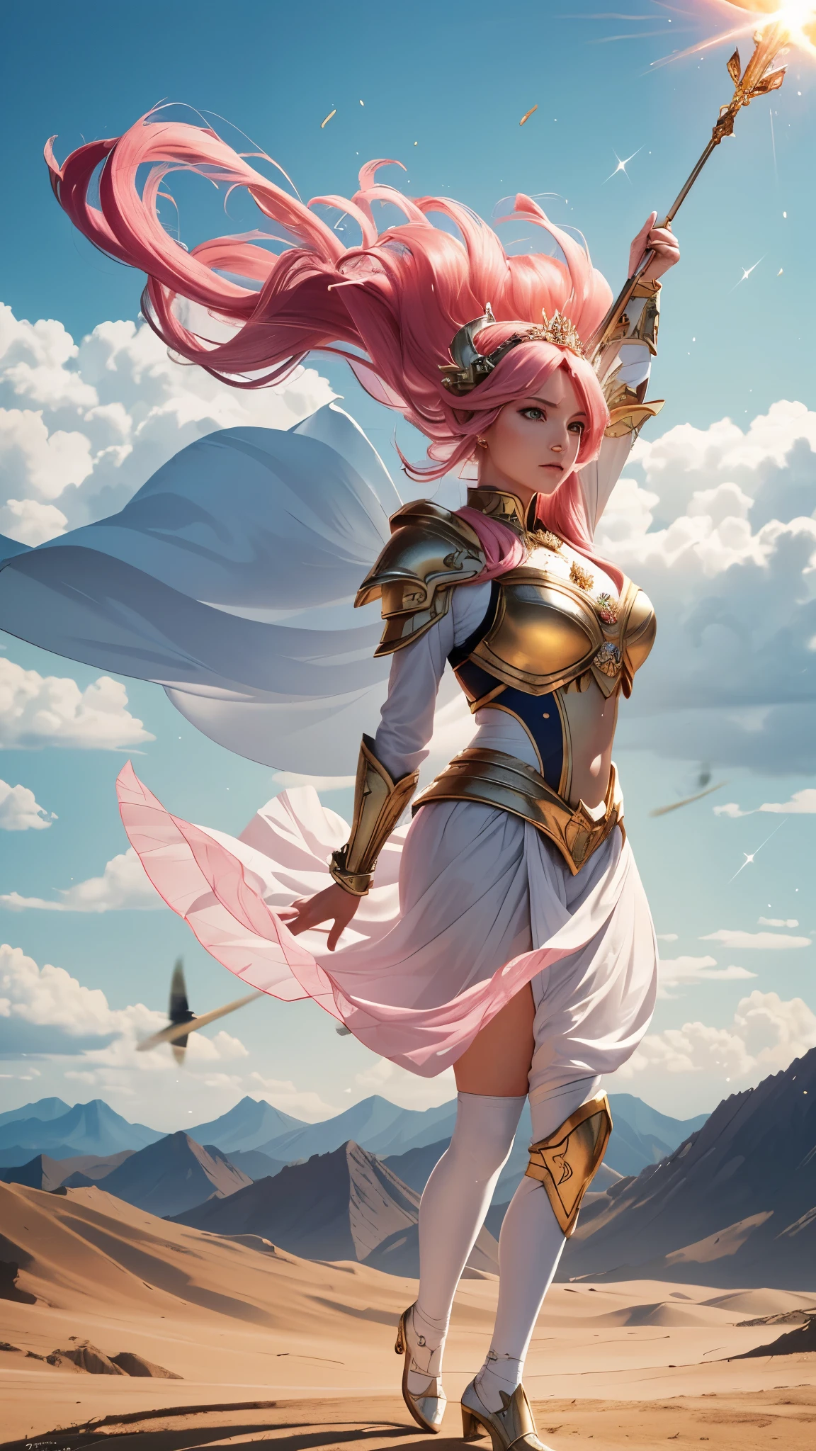 (highres:1.2),Armored Alien Princess,pink hair,wind-based powers,strong winds,hovering above the ground,flowing skirt,blowing in the wind,regal aura,ethereal beauty,sparkling eyes,long eyelashes,floating gracefully,alien technology,intricate armor,detailed helmet,golden accents,sci-fi style,glowing energy,commanding presence,celestial glow,vivid colors,royal insignia,captivating gaze,crown on head,wind manipulation,flight,graceful movements,majestic landscape,floating islands,clouds in vibrant hues,gentle breeze,air currents,sparkling particles in the wind,light rays illuminating the princess,ethereal lighting,cosmic background,otherworldly atmosphere