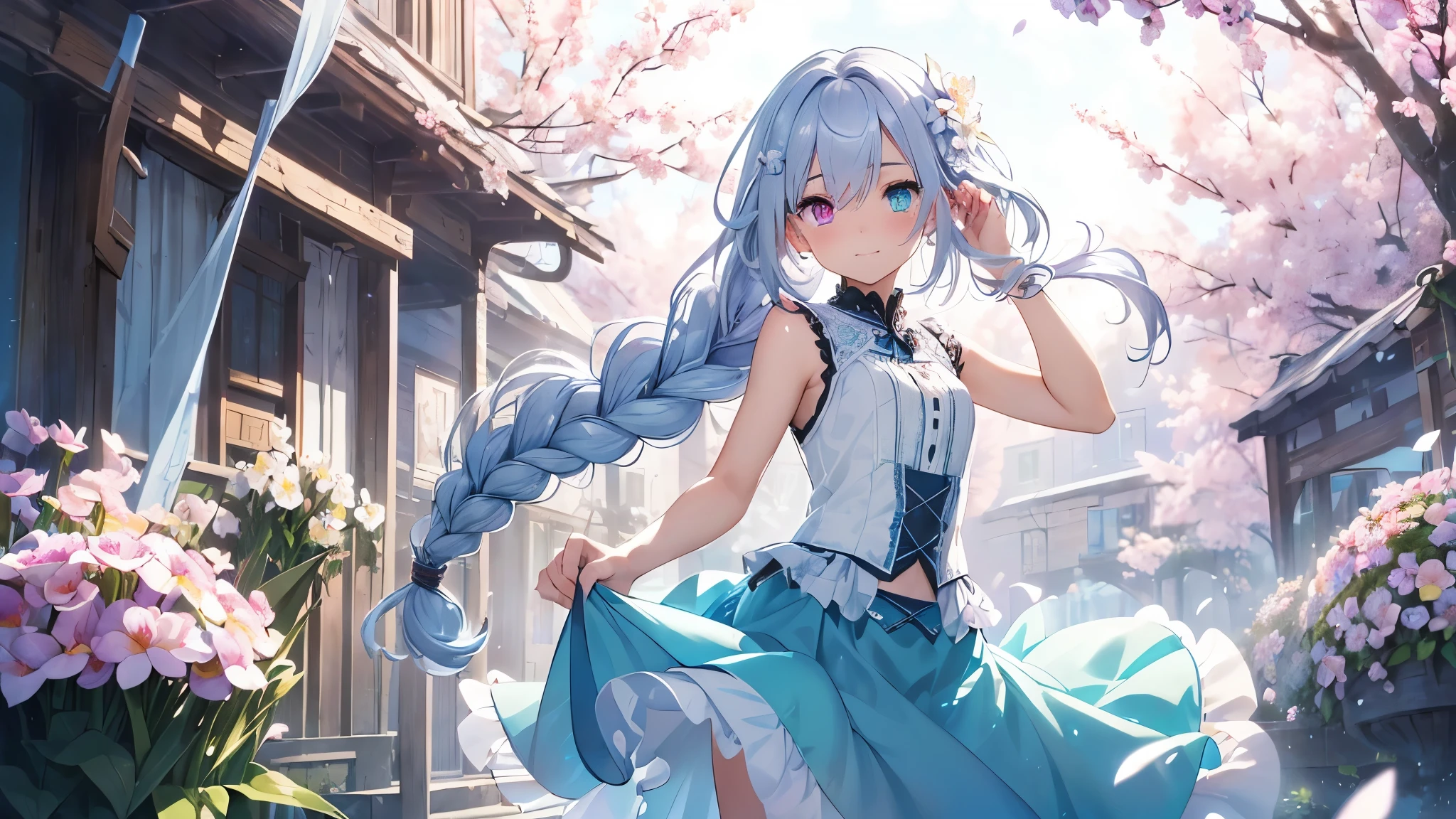 Best quality、photorealistic、super detail、delicate、orderly、high detail、bluish silver hair、(droopy iris of heterochromia,glowing eyes:1.4)、、、big smile、slender、full body、blurred background、(1 girl:1.2)、dynamic angle、game CG、(spring、petals dancing in the wind、flower garden、fluffy chiffon skirt、lace up sandals、sleeveless shirt、Her hair is tied into a single braid and hangs down from her shoulders.:1.3),ambient occlusion、ambient light、raytracing reflections、glow、shining hair、