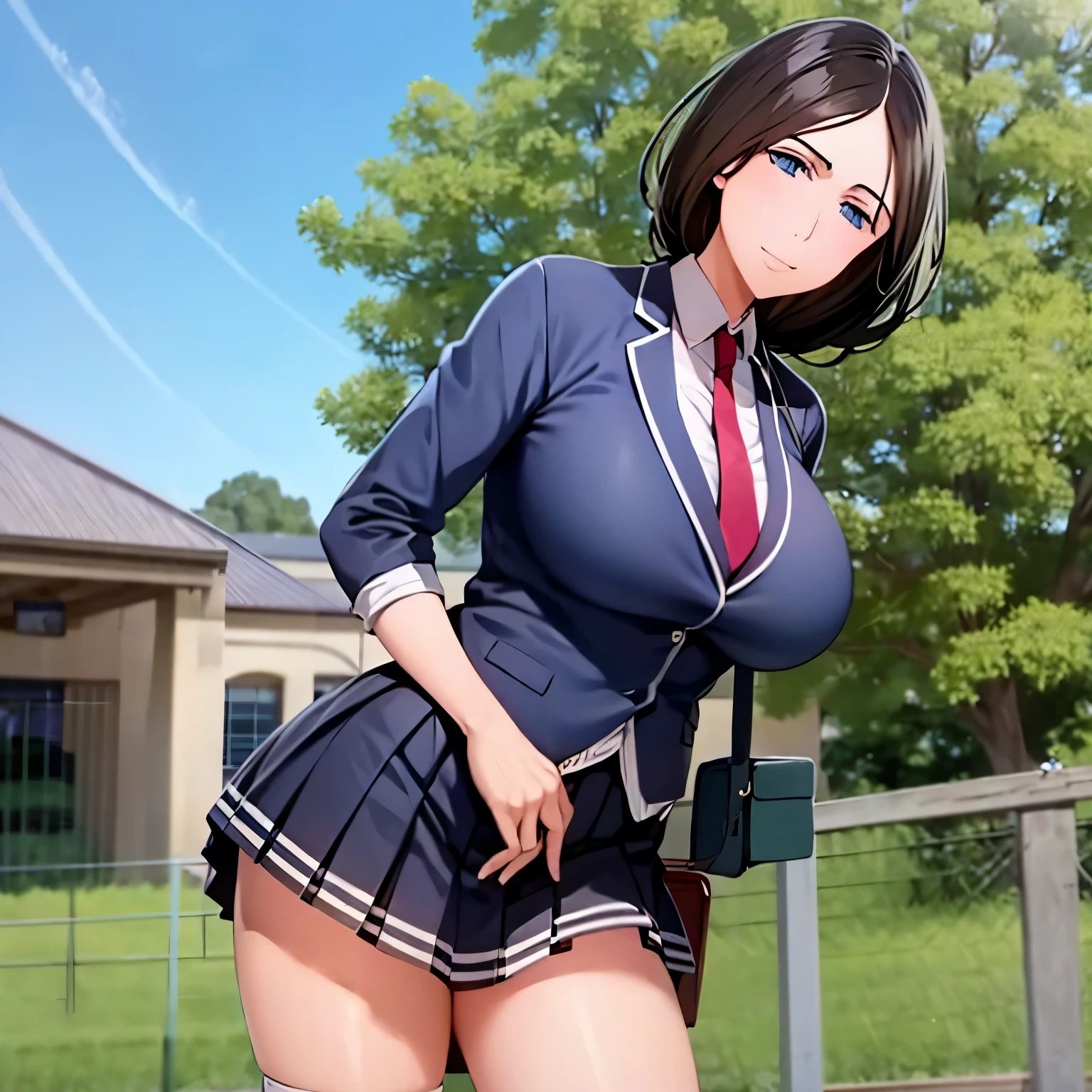 Uniform short skirt smile big breasts school in front of the school gate 2k