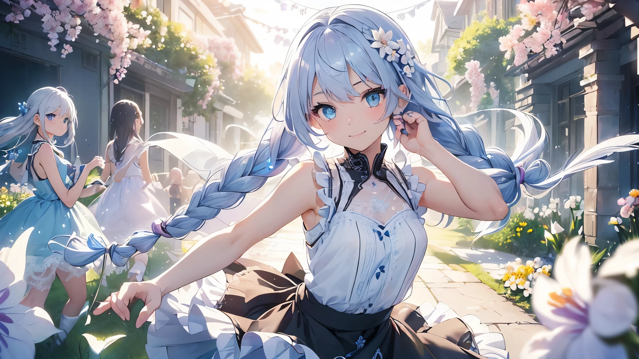 Best quality、photorealistic、super detail、delicate、orderly、high detail、bluish silver hair、(droopy iris of heterochromia,glowing eyes:1.4)、、10 years old、big smile、slender、full body、blurred background、(1 girl:1.2)、dynamic angle、game CG、(spring、petals dancing in the wind、flower garden、fluffy chiffon skirt、lace up sandals、sleeveless shirt、Her hair is tied into a single braid and hangs down from her shoulders.:1.3),ambient occlusion、ambient light、raytracing reflections、glow、shining hair、