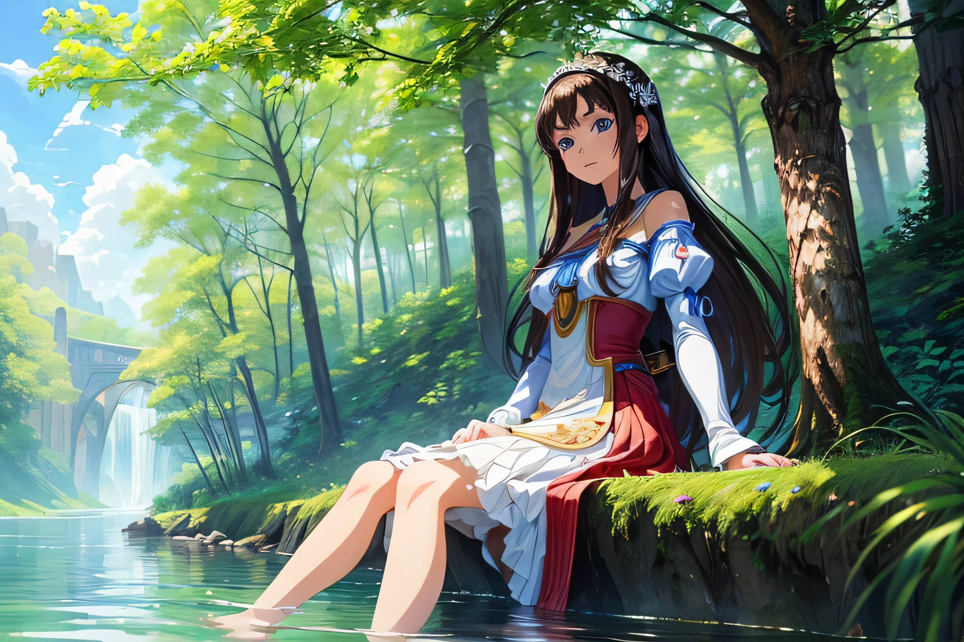 Una hermosa chica morena, con ojos azules, pelo largo, sitting on the bank of a river, admirando el suave y relajante curso de las aguas. ((estilo animado, Mejor calidad, hiper detallado, Obra maestra, arte digital, cara perfecta...AR 16:9.