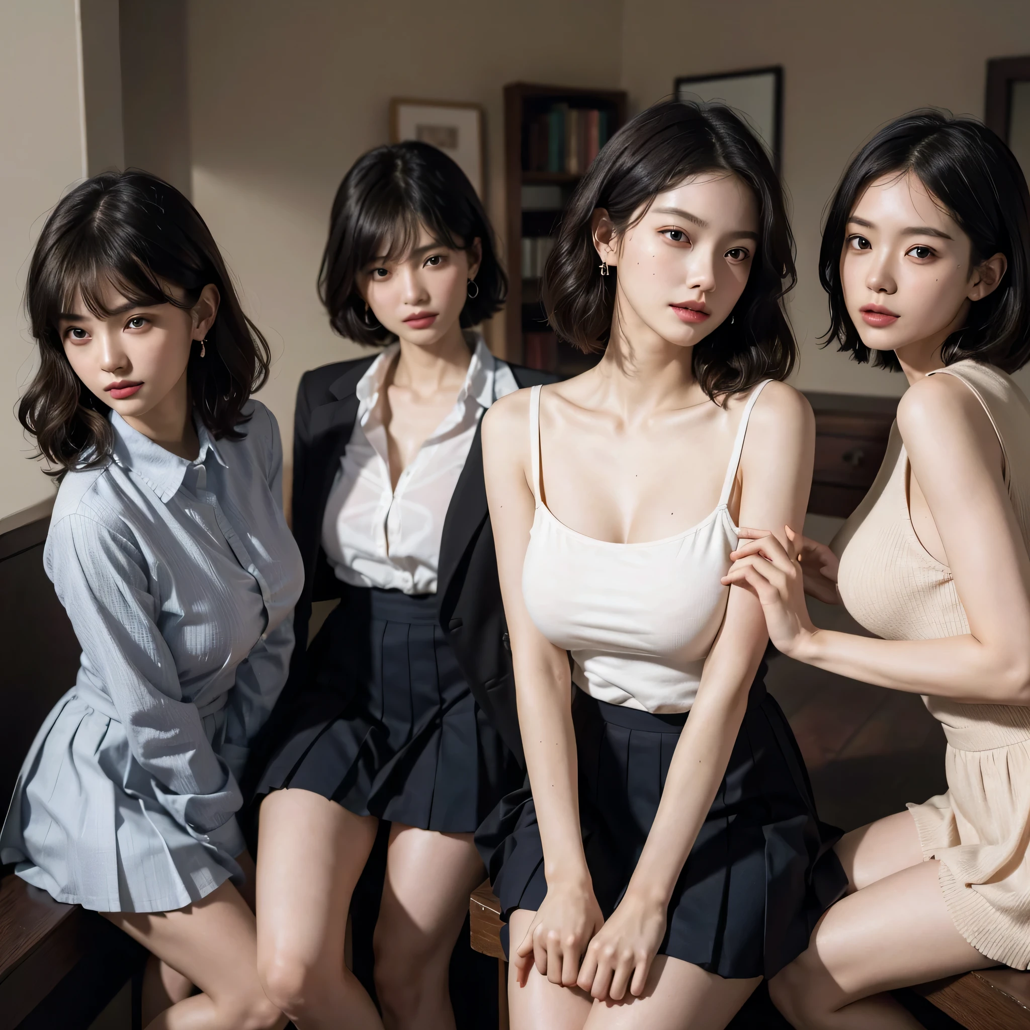 disorganized, RAW photo, very delicate and beautiful, masterpiece, highest quality, ultra high resolution, 16k, surreal, super detailed, perfect anatomy, super dense skin, perfect figure, Highly detailed CG 8k wallpaper, 20's, very slim body, tight waist, very small head, very small face, delicate facial features, tearful mole, earrings, thin legs, (very huge round breasts:1.2), (full body shot:1), (3 girls:1.5), short hair, (wavy hair:1.1), (Light uniform:1.2),