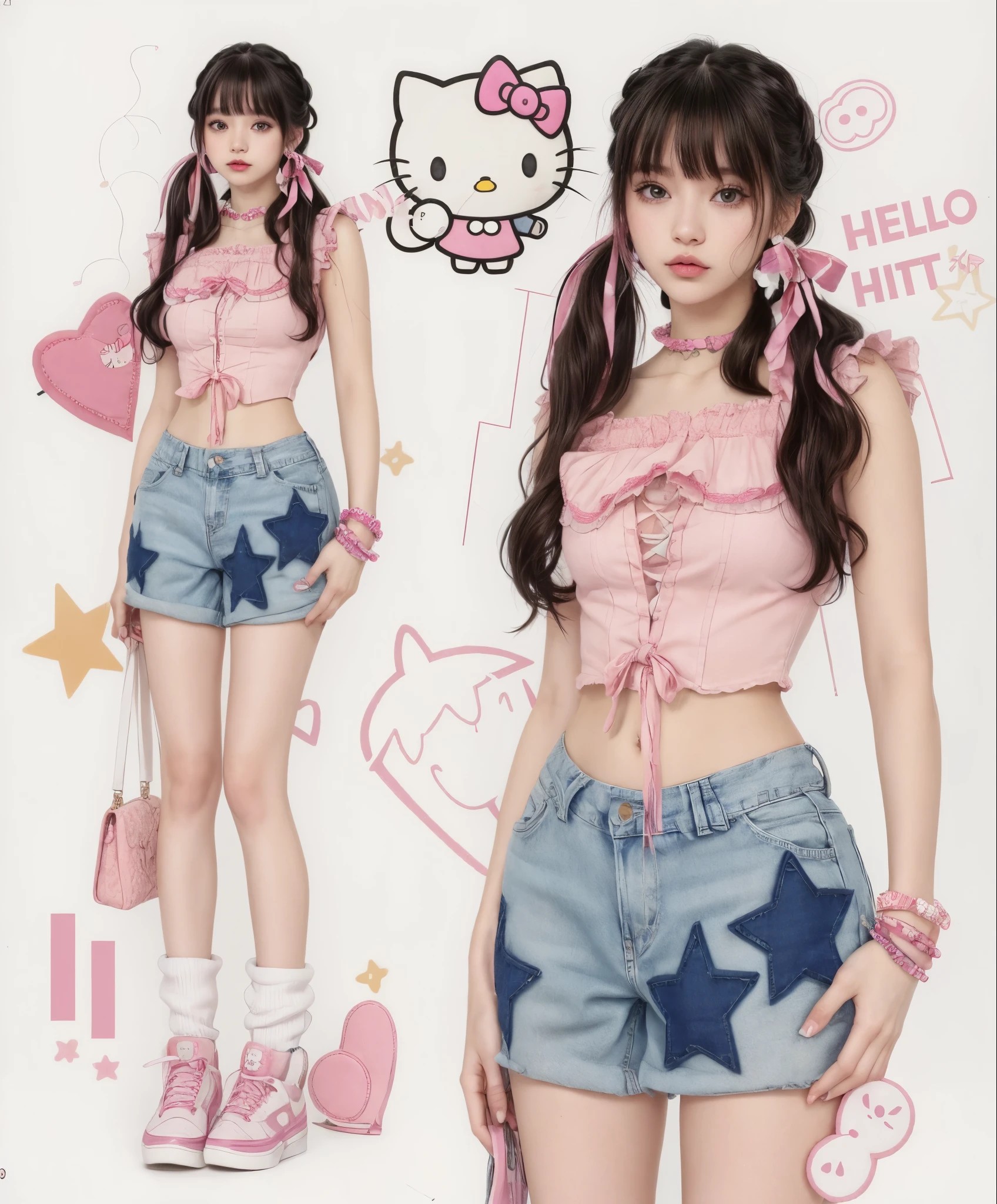 hay una chica con un top rosa y pantalones cortos azules, estilo kawaii, camisa y jeans kawaii, bella delfina, Hello kitty, muy muy kawaii, renderizado kawaii hq, Kawaii Aesthetics, imagen del anuncio, muy estetico!!!!!!, estilo y2k, estilo y2k, uhq scan, cute aesthetic with flutter, y 2k moda, y2k