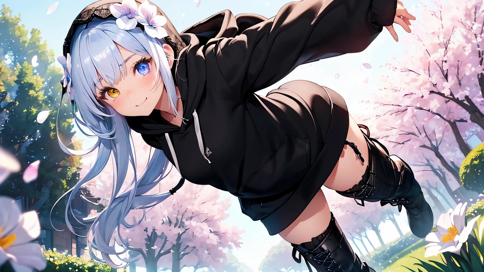 Best quality、photorealistic、super detail、delicate、orderly、high detail、bluish silver ponytail、(droopy iris of heterochromia,glowing eyes:1.4)、、、big smile、slender、full body、blurred background、(1 girl:1.2)、dynamic angle、game CG、(spring、petals dancing in the wind、flower garden、clothes with open neck、black lace-up middle boots、black big size hoodie、girl wearing a hood:1.3),ambient occlusion、ambient light、raytracing reflections、glow、shining hair、
