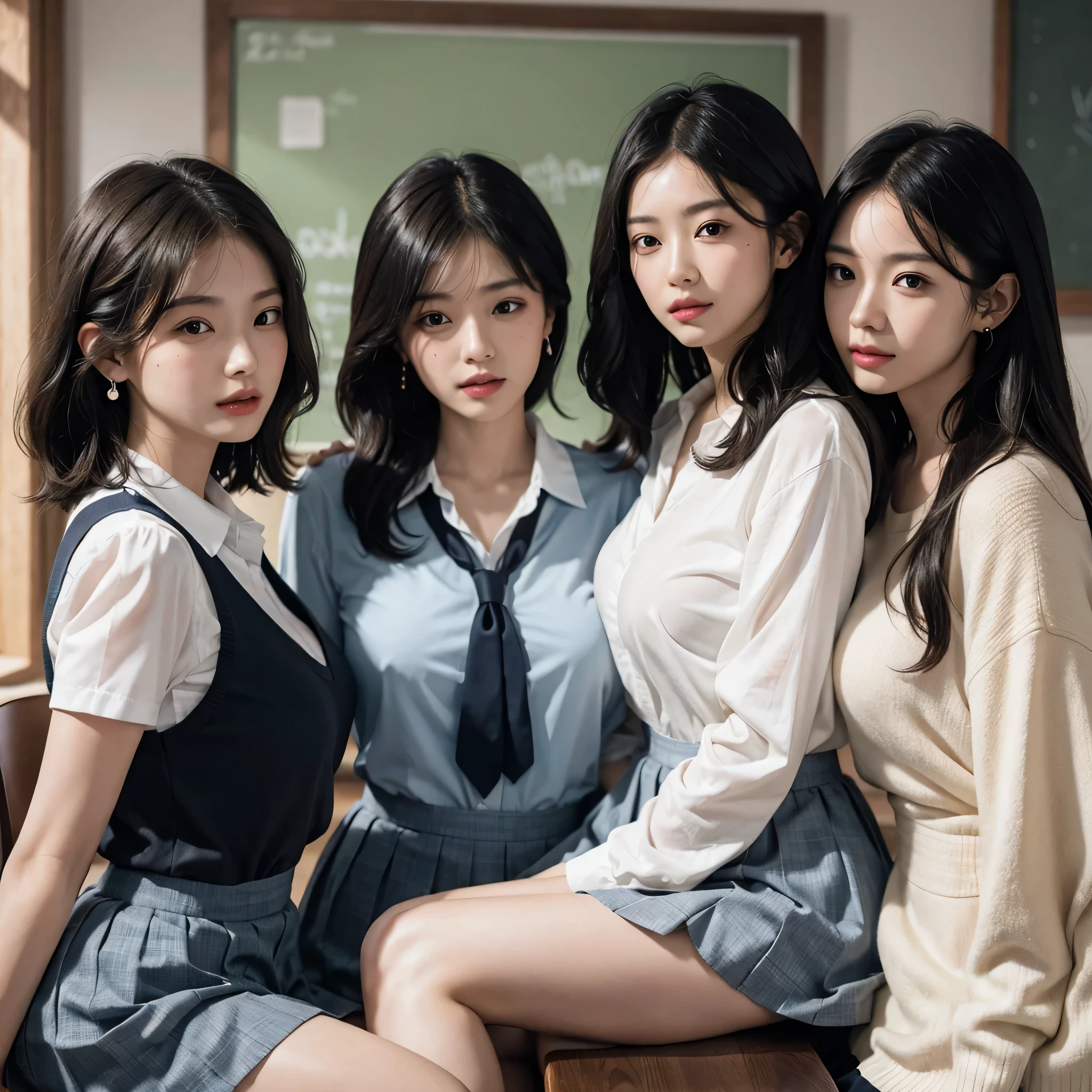 disorganized, RAW photo, very delicate and beautiful, masterpiece, highest quality, ultra high resolution, 16k, surreal, super detailed, perfect anatomy, super dense skin, perfect figure, Highly detailed CG 8k wallpaper, 20's, very slim body, tight waist, very small head, very small face, delicate facial features, tearful mole, earrings, thin legs, (very huge round breasts:1.2), (full body shot:1), (3 girls:1.5), short hair, (wavy hair:1.1), (Light uniform:1.2),