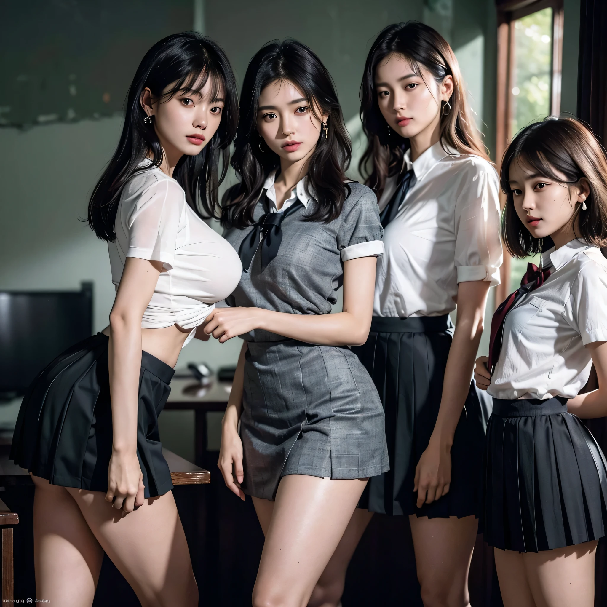 disorganized, RAW photo, very delicate and beautiful, masterpiece, highest quality, ultra high resolution, 16k, surreal, super detailed, perfect anatomy, super dense skin, perfect figure, Highly detailed CG 8k wallpaper, 20's, very slim body, tight waist, very small head, very small face, delicate facial features, tearful mole, earrings, thin legs, (very huge round breasts:1.2), (full body shot:1), (3 girls:1.5), short hair, (wavy hair:1.1), (Light uniform:1.2),