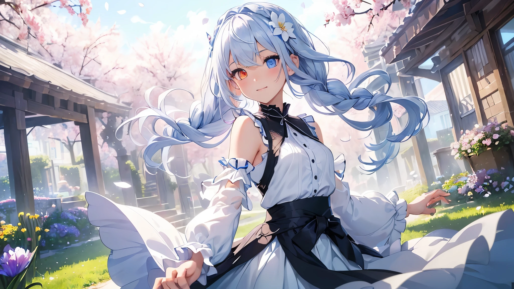 Best quality、photorealistic、super detail、delicate、orderly、high detail、bluish silver hair、(droopy iris of heterochromia,glowing eyes:1.4)、、、big smile、slender、full body、blurred background、(1 girl:1.2)、dynamic angle、game CG、(spring、petals dancing in the wind、flower garden、fluffy chiffon skirt、sleeveless blouse shirt、Her hair is tied into a single braid and hangs down from her shoulders.:1.3),ambient occlusion、ambient light、raytracing reflections、glow、shining hair、