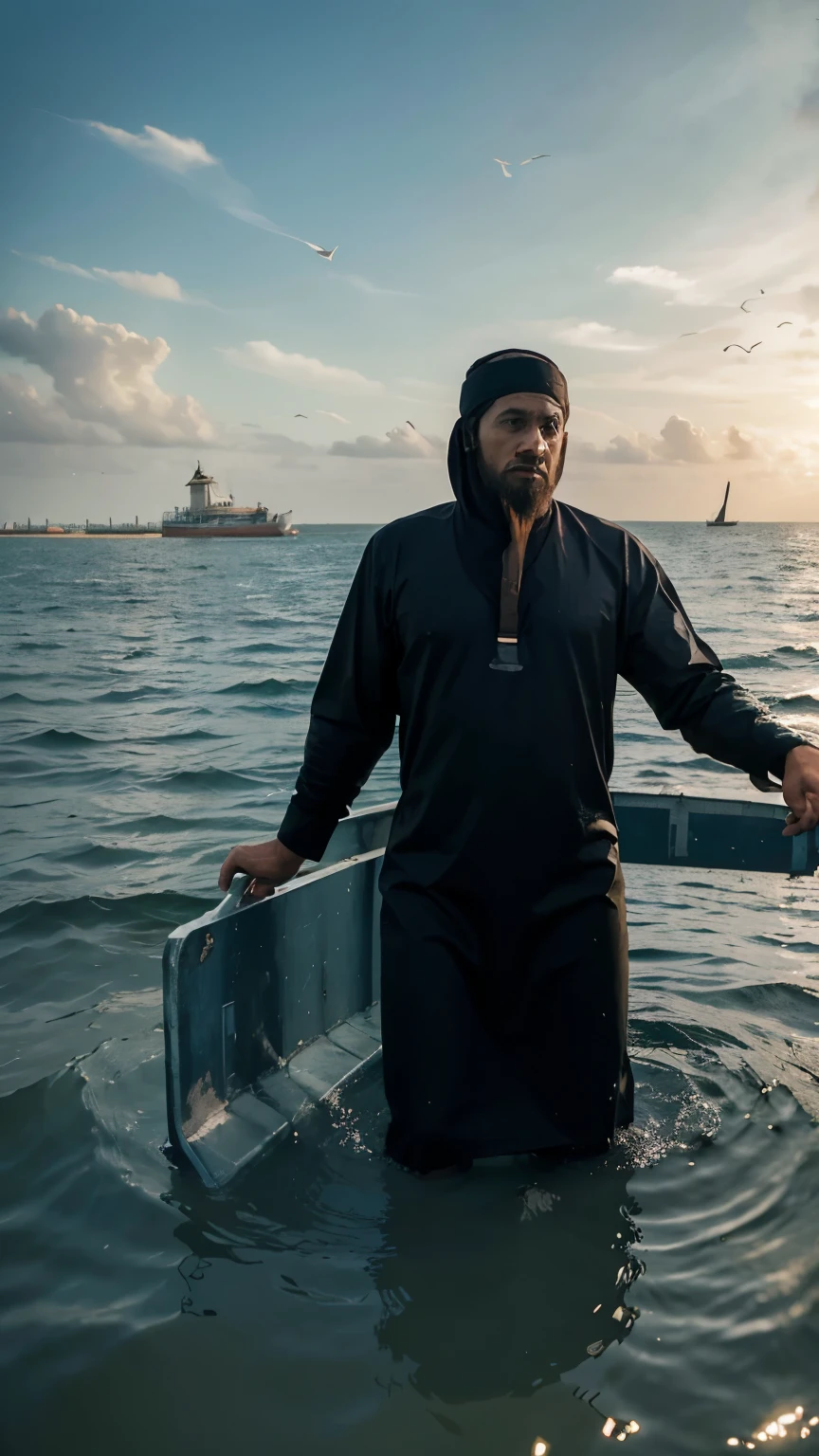 masterpiece, best quality,(1man) wears muslim clothes, thrown into the sea, highres, (jailed in big prison:1.2)(floating on the surface of the sea:1.2)