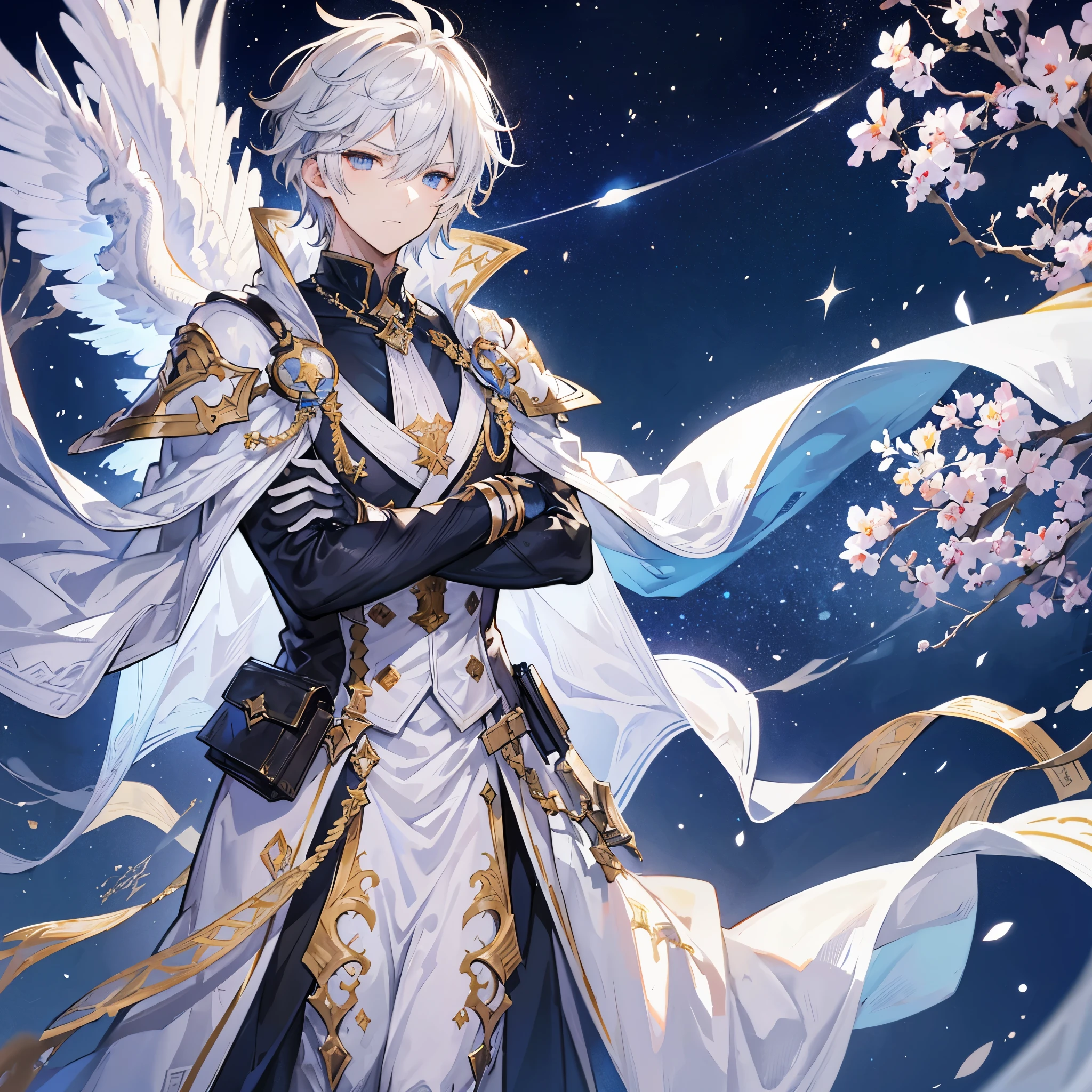 Handsome male, 1male, 17 years old, teenager, golden lining, short white hair, dark blue eyes, lucilius from granblue fantasy, close up, calm expression, stoic, white military clothes, white cape, black gloves, crossed arms, upper body, looking at viewer, cowboy shot, white cosmic dragon background