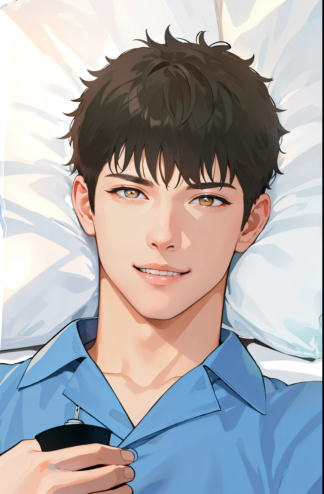 (High resolution, super detailed)、Man Sleeping On Bed、short hair,holding wristband in hand、Midnight bedroom、light bulb light、the lamp colour、looking here、smile、white teeth、attractive lips、beautiful amber eyes、Beautiful depiction of light and shadow