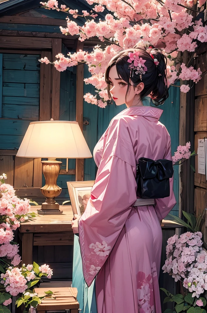(masterpiece, top quality, best quality, official art, beautiful and aesthetic:1.2), (1girl), extreme detailed,(fractal art:1.3),colorful,highest detailed,ppcp,r1ge, sakura, cherry_blossoms, pink kimono,animated, sakura, kimono, pastel fluffy