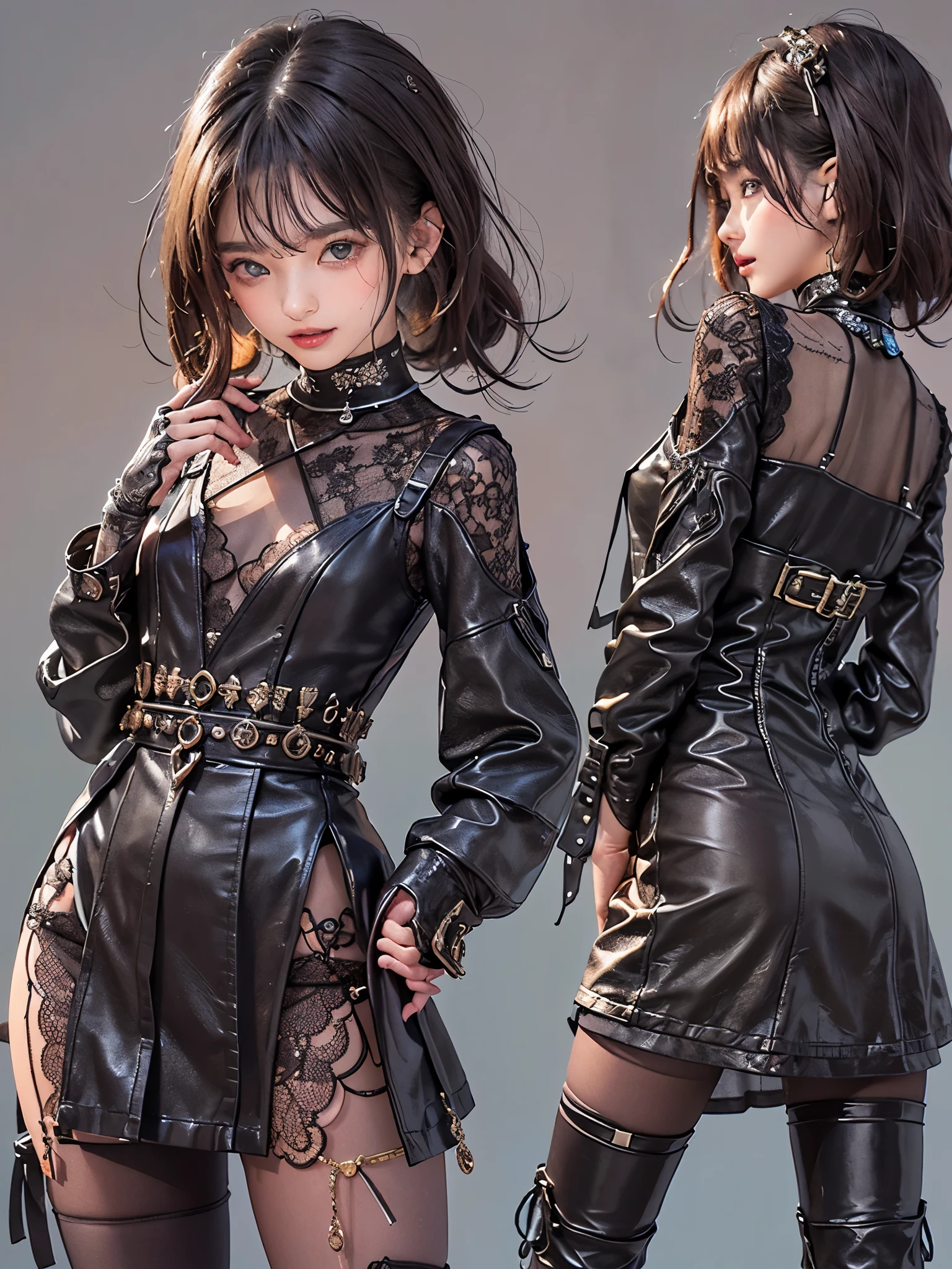 8k, RAW photo, top quality, masterpiece, realistic, photorealistic, clear, professional lighting, beautiful face, top quality, super high resolution.
       BREAK (full body.:1.5),  ,(18 years old very beautiful Japanese girl:1.3)
nsfw,

Slender, very flat chested, very small breasts


(The supermodel is smiling confidently and striking various poses in the photoshoot, :1.4)

(A very stylish cafe terrace at night, magically lit up, :1.3)


BREAK (Futuristic, stylish and intricately shaped leather dress:1.3)
    BREAK latex, Glossy, Liquid, rubber, BREAK(turtleneck:1.2),(Black theme:1.3),(lace and leather turtleneck,:1.3)black A-line leather maxi skirt:1.4), 
(patchwork of lace and leather:1.5),
(Separate leather dress with intricate triangular silhouette lace decoration:1.5),
(lace patchwork,:1.4)