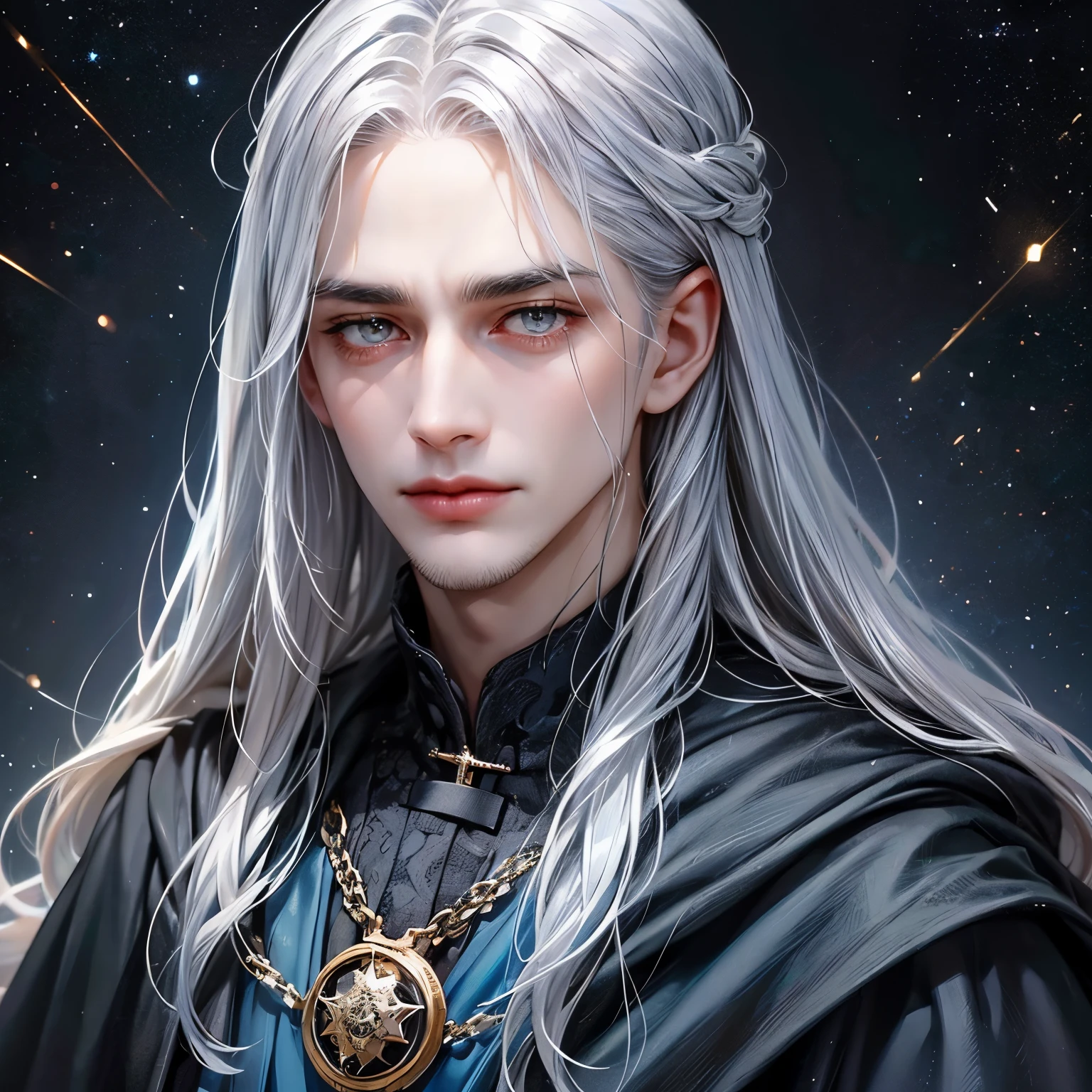 Create a face card portrait for a character description capturing the character's face. An old 100 year old Merlin male character with long white hair and white long beard, silver eyes, wearing a Mage's clothes, he's powerful, frowning, dark theme, detailed background of a constellation, a constellation in background, dark blue colors, very close up picture with face, detailed, 4k, only face in the picture, close up shot of face, do not show below the neck, extremely close up shot, straight portrait, Ensure the focus is on a straightforward, centered composition with a clear, direct gaze