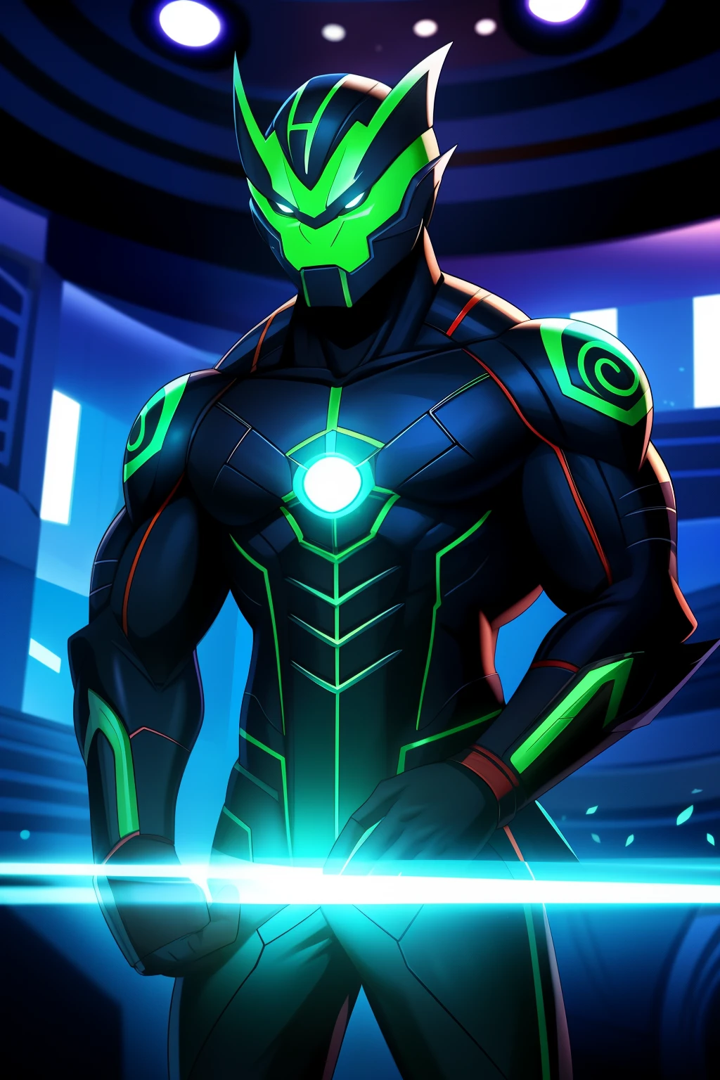 Ben 10, solo, Alien X, anthropomorphic, (deep in thought, chin resting on hand), living room, cartoon style, (detailed shading, vibrant colors), Ben's focus, gray jumpsuit, muscular build, Omnitrix symbol glowing on chest, dynamic lighting, high contrast, action-packed atmosphere, heroic expression, detailed textures, HD, cinematic shot, bokeh background effect.