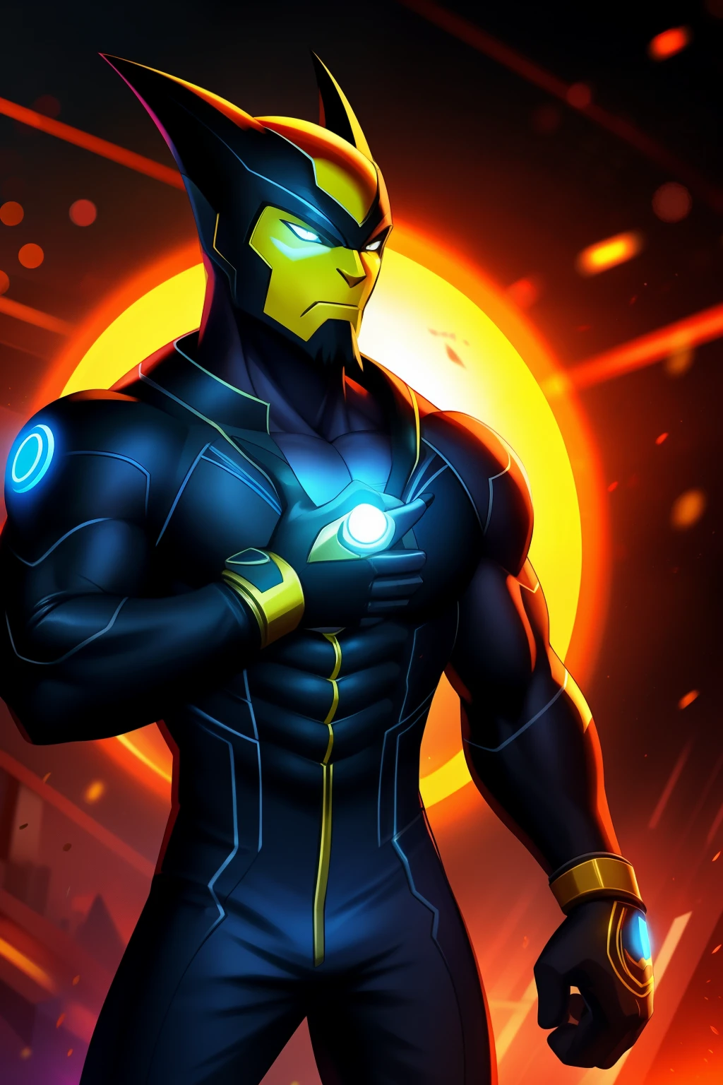 Ben 10, solo, Alien X, anthropomorphic, (deep in thought, chin resting on hand), living room, cartoon style, (detailed shading, vibrant colors), Ben's focus, gray jumpsuit, muscular build, Omnitrix symbol glowing on chest, dynamic lighting, high contrast, action-packed atmosphere, heroic expression, detailed textures, HD, cinematic shot, bokeh background effect.
