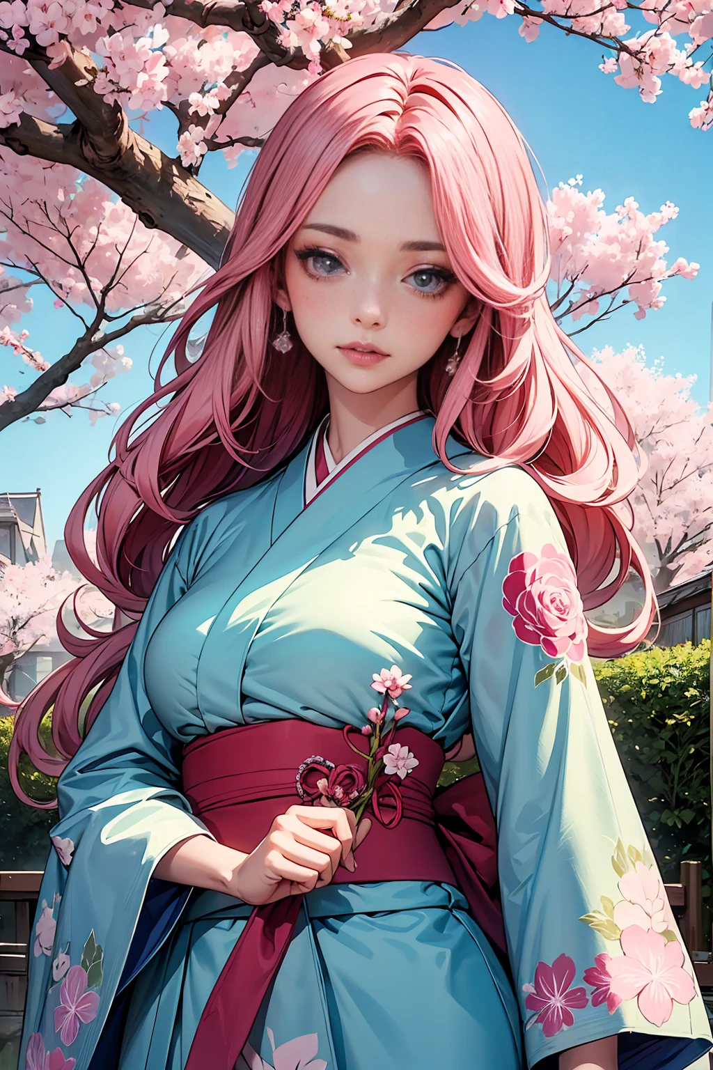 (masterpiece, top quality, best quality, official art, beautiful and aesthetic:1.2), (1girl), perfect face, extreme detailed,(fractal art:1.3),colorful,highest detailed,ppcp,r1ge, sakura, cherry_blossoms, pink kimono,animated, sakura, kimono, pastel fluffy