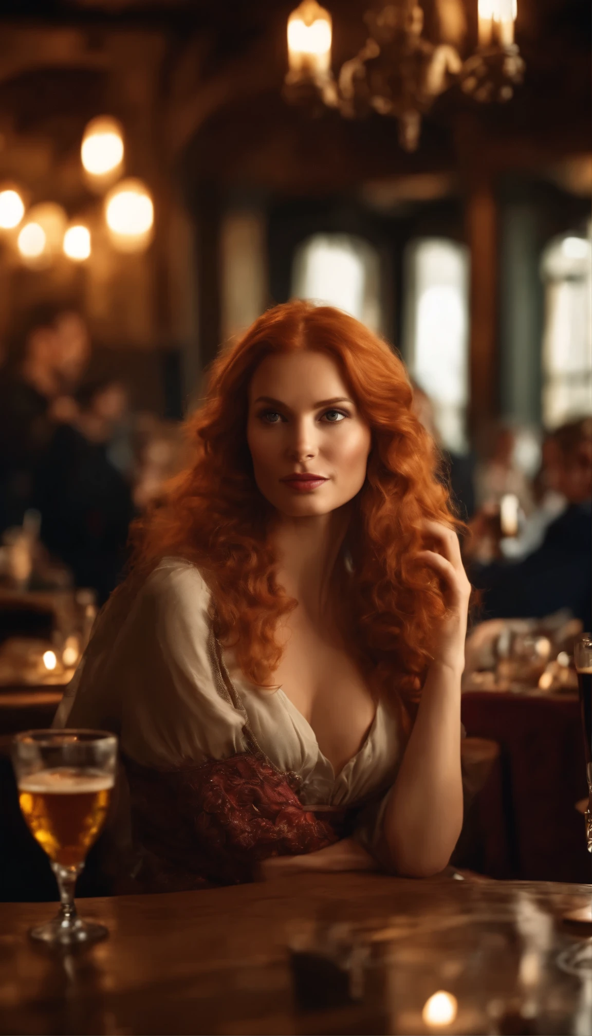 (((photograph))), (((hyperrealism))), award-winning photo, a red head goddess, long hair elegant beautiful woman waiting table, (masterpiece) (best quality) (detailed) (8k) (HDR) (wallpaper) (cinematic lighting) (sharp focus) (intricate), action shot, medieval tavern packed with people, barbarians talking loudly and drinking beer in goblets