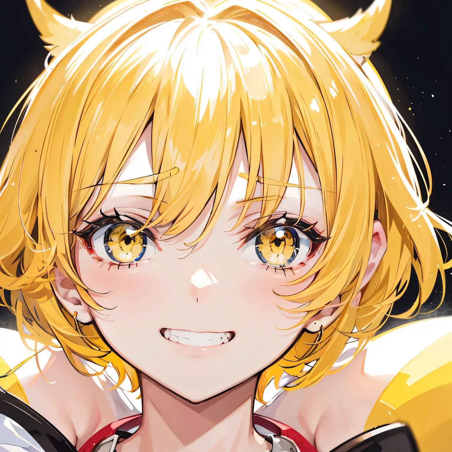 extreme close up face, Short off-shoulder hair in yellow and white,Dignified and wonderful Girl, in a game center, grin