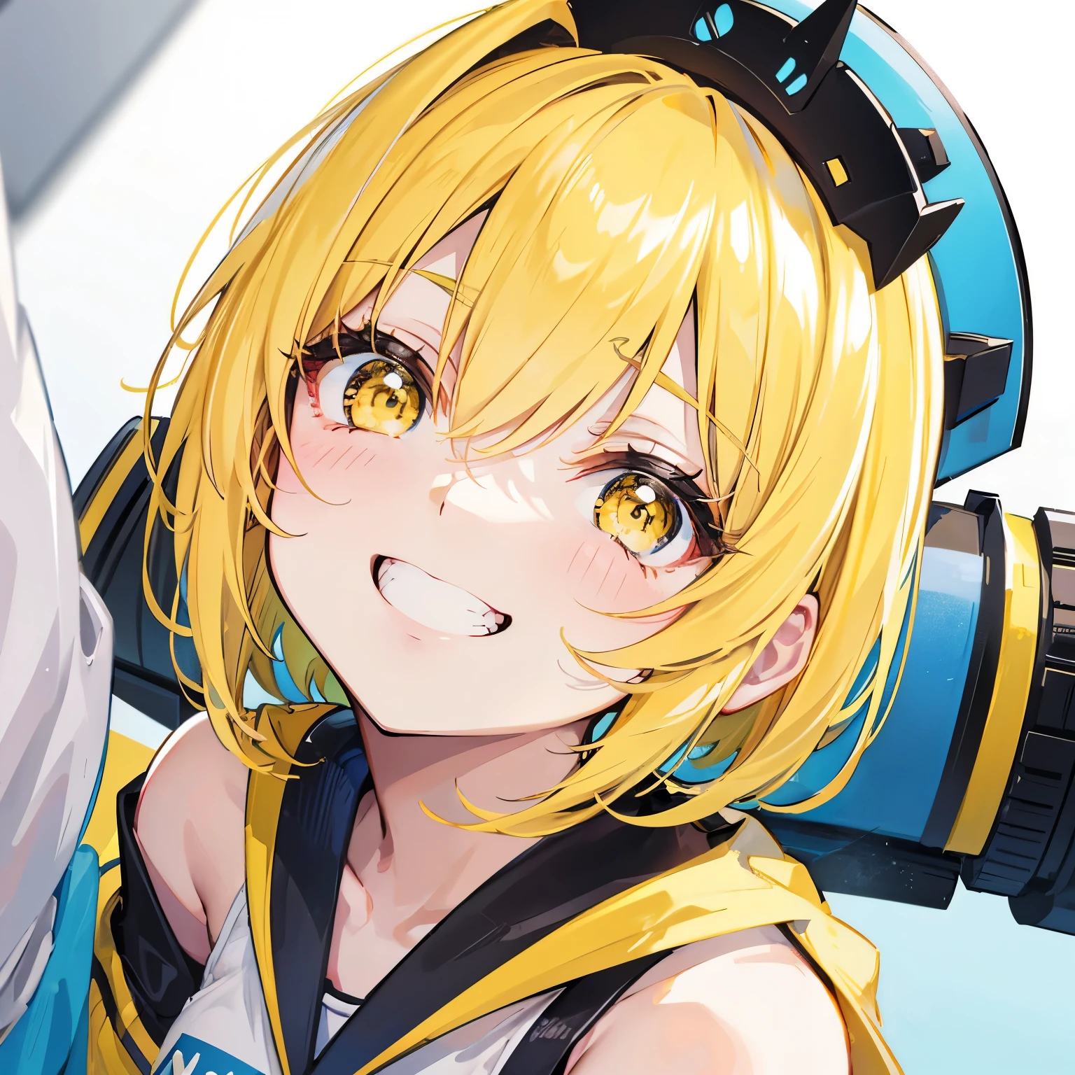 extreme close up face, Short off-shoulder hair in yellow and white,Dignified and wonderful Girl, in a game center, grin