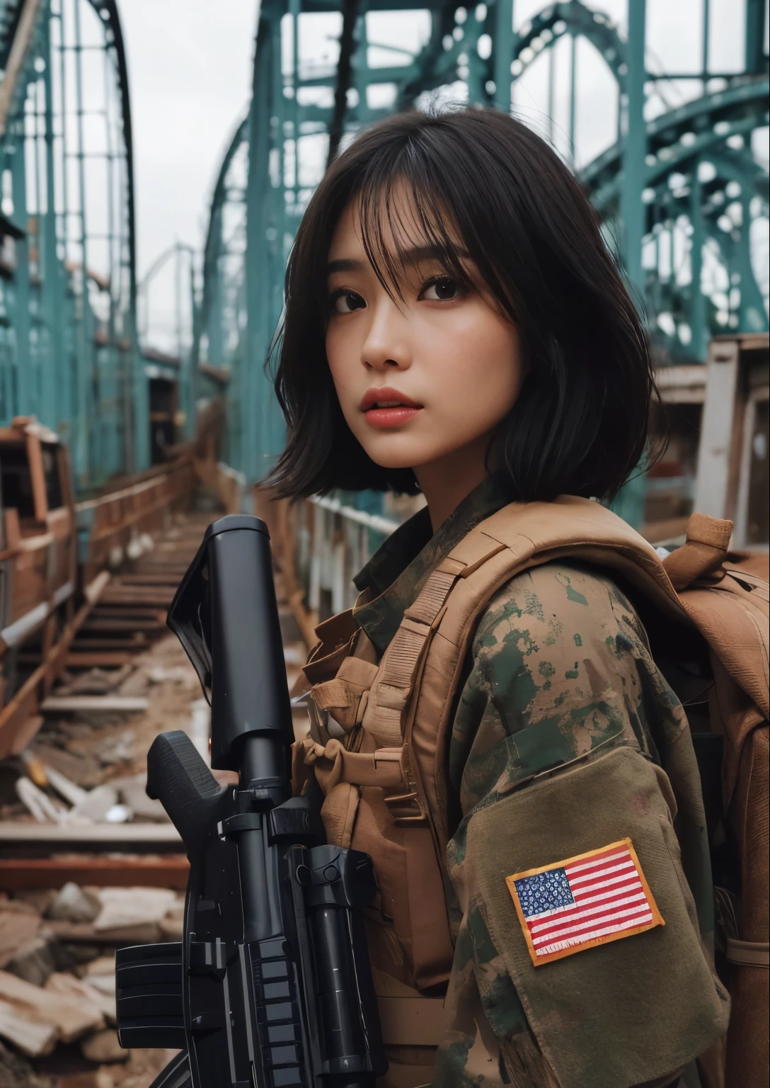 (best quality,4k,8k,highres,masterpiece:1.2),ultra-detailed,(realistic,photorealistic,photo-realistic:1.37),portrait,Beautiful Japanese woman in the US military、automatic rifle、soft,illuminated,dramatic lighting,subtle color palette,smooth brushstrokes,texture,realistic skin texture,detailed eyes,lifelike facial features,rosy cheeks,warm skin tones,gentle shadows,soft lighting,glossy lips,subtle lip color,natural hair texture,wispy eyebrows,different skin tones,unique facial expressions,fine lines and wrinkles,delicate facial contours,highly detailed clothing,soft fabrics,artistic backdrop,high-quality photography feel,depth and dimension,