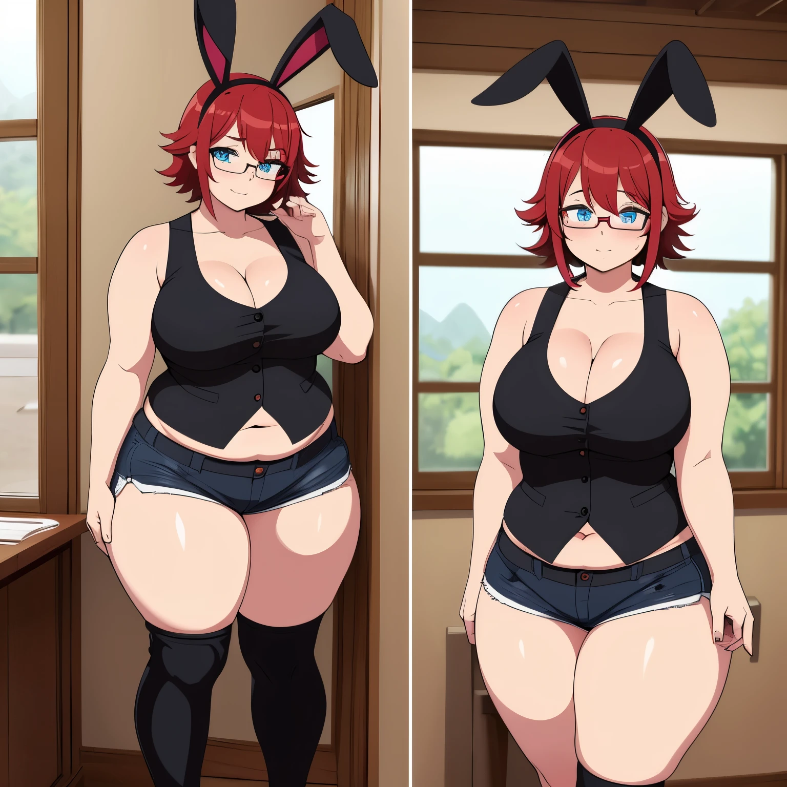 chubby, woman, thick waist, large chest, red hair, messy hair, black bunny ears on head, pink bunny tail, blue eyes, glasses, black short shorts, short red vest , black combat boots, fat, larger body, chubby face, face with blush, cleavage visable, boob window, cute, hot, thicc,
