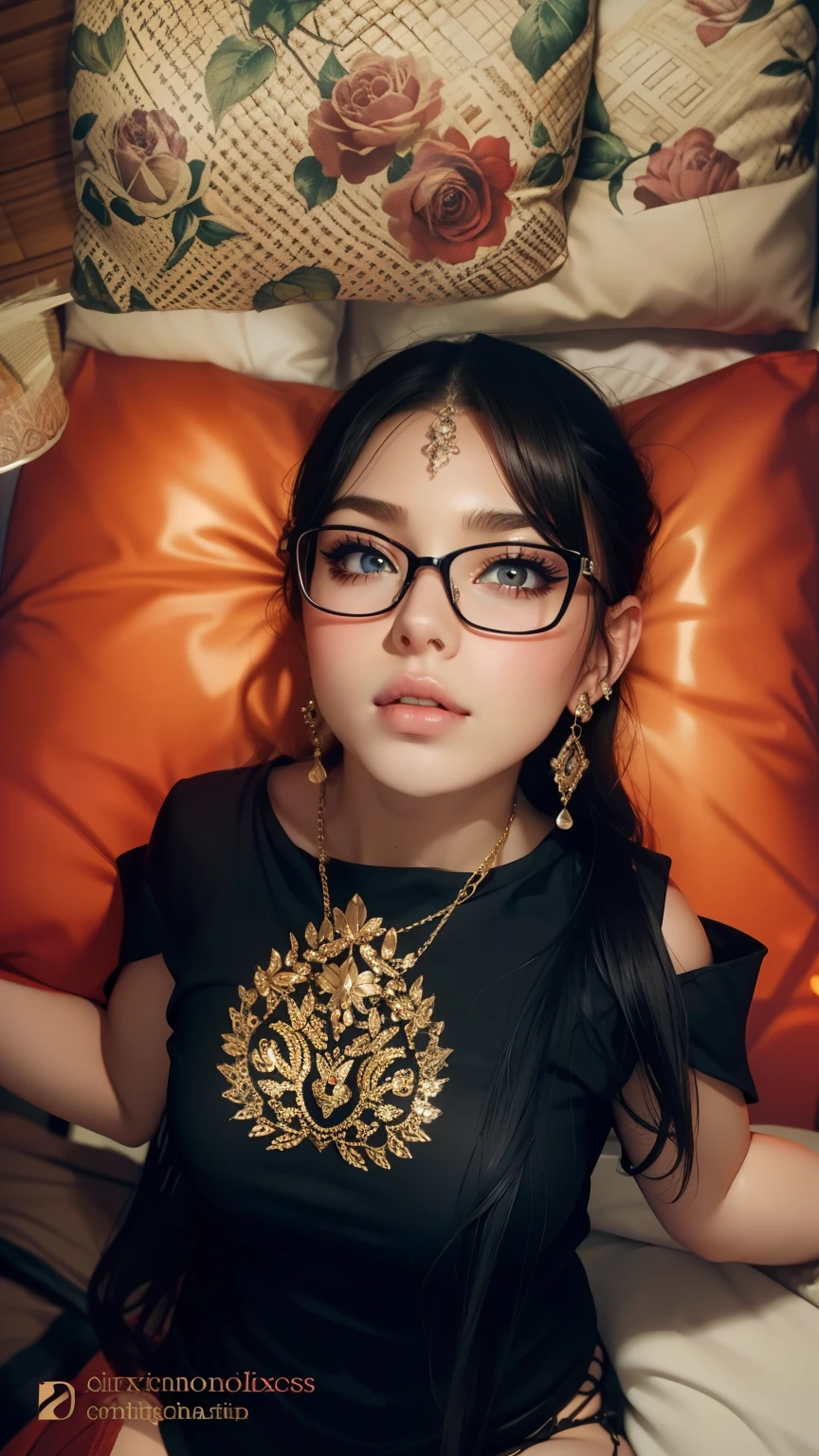Sexy woman, seductive gaze, blushing intensely, parted lips, flustered, desperate, lustful, fairest skin, soft lips, medium chest, lying on bed, bedroom, dark room, one lamp, warm lighting