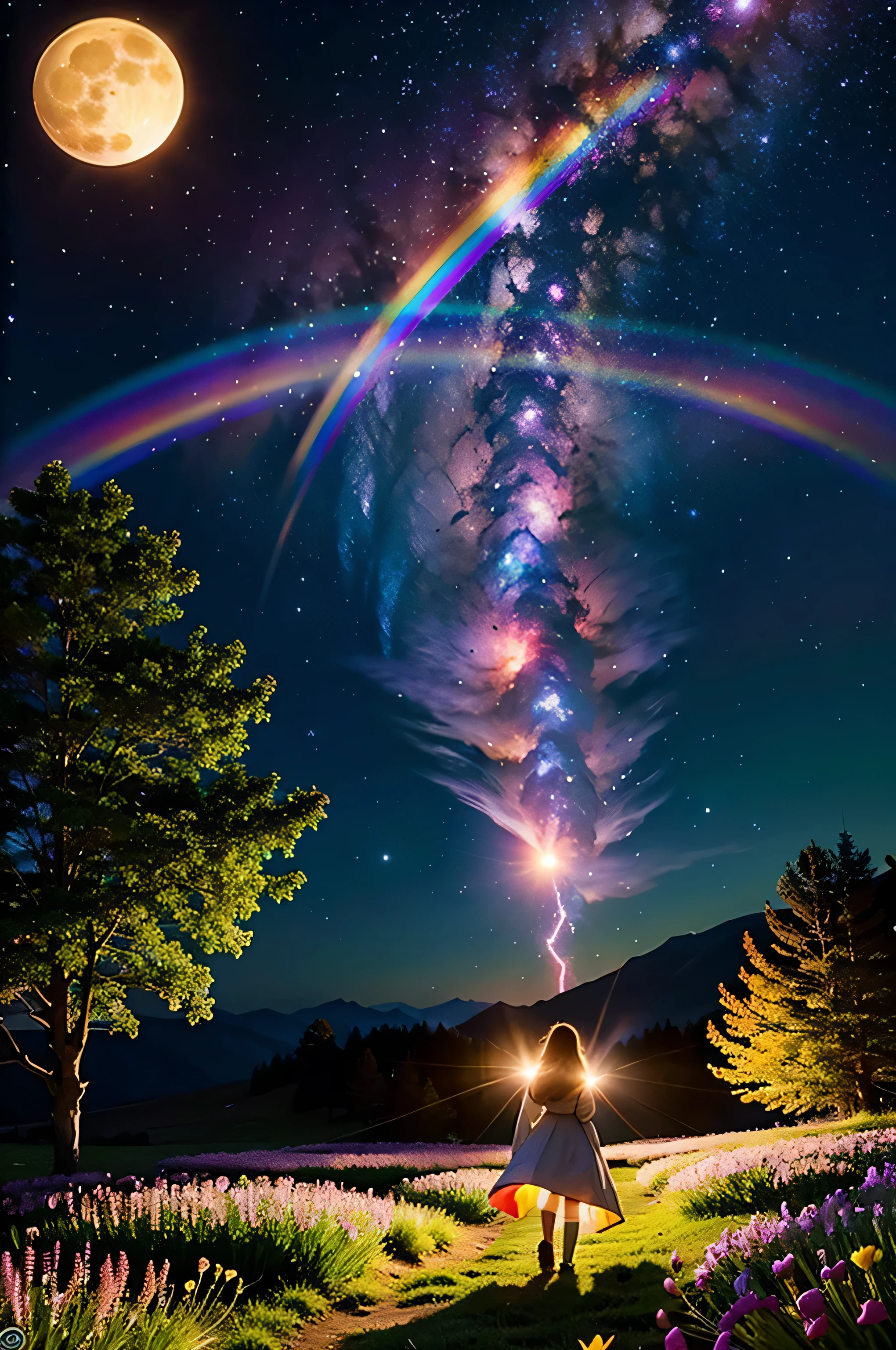 vast landscape photography, (a bottom view showing the sky above and open country below), A girl stands among the flowers and looks up, (full moon: 1.2), (meteor: 0.9), (nebula : 1.3), distant mountains, BREAK Tree Making Art, (Warm light source: 1.2), (firefly: 1.2), lamp, lots of purple and orange, intricate details, Volumetric lighting, break realism (masterpiece: 1.2) , (best quality), 4k, super detailed, (dynamic synthesis: 1.4), Very detailed, Colorful details, (rainbow colors: 1.2), (bright lights, mood lighting), Dreamy, magic, (alone: 1.2)
