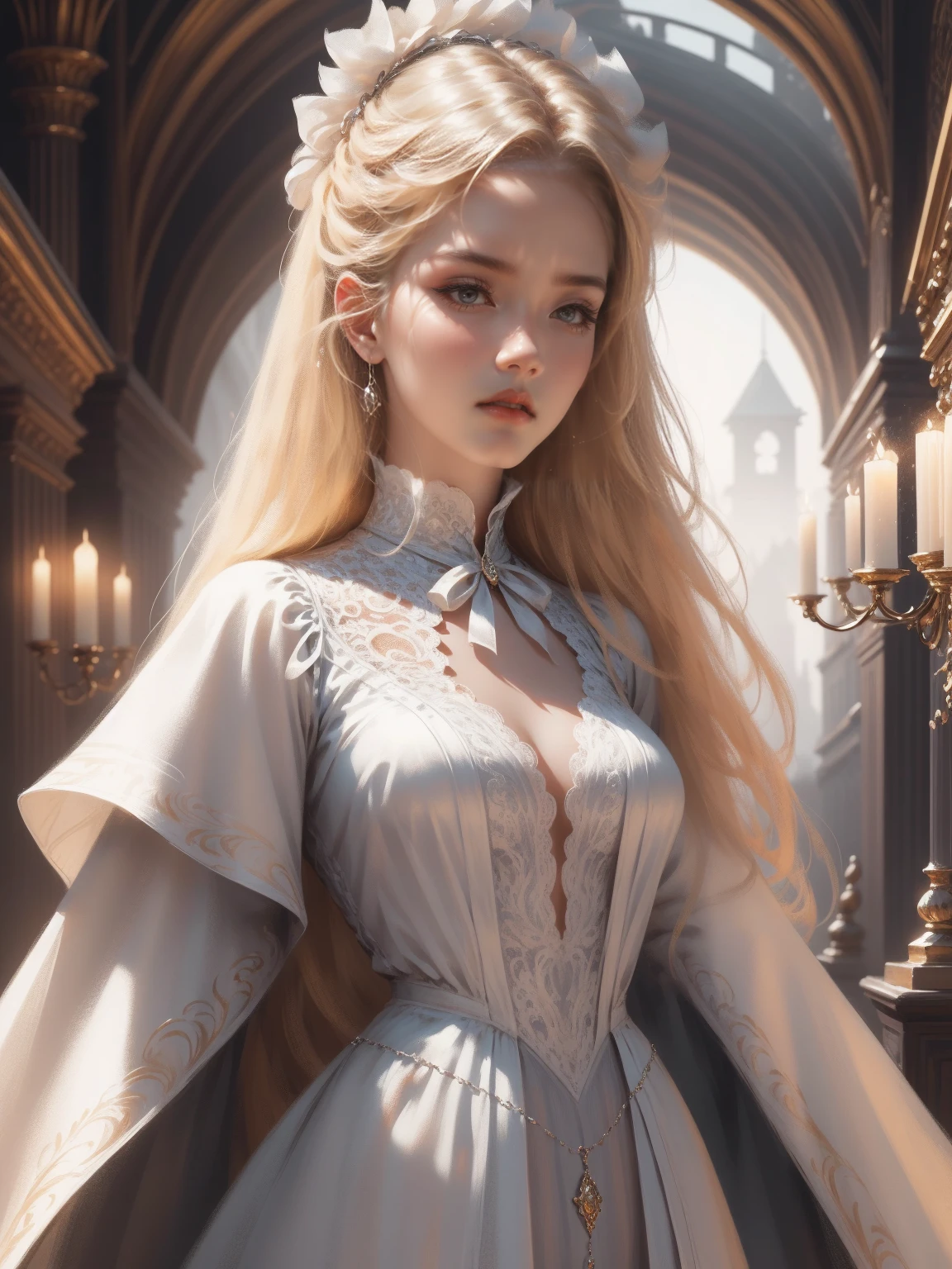 { - anatomy error}(Masterpiece - Ultra-detailed, very high resolution) Prepare to be enchanted by a true masterpiece that combines ultra-detailed art with high-resolution rendering. This work depicts a mesmerizing woman with very long blond hair (1.3) and captivating gray eyes (1.2), emanating an aura of elegance and mystery in Victorian settings. The intricate details and realistic textures invite you to explore every aspect of this enchanting composition. Woman wearing beautiful classic Victorian costume from the year 1878. Red lips. Happy face. Smiling. white (white) dress. Walking, backwads, looking back, dynamic poses. Get ready to dive into a world where beauty and craftsmanship merge perfectly.