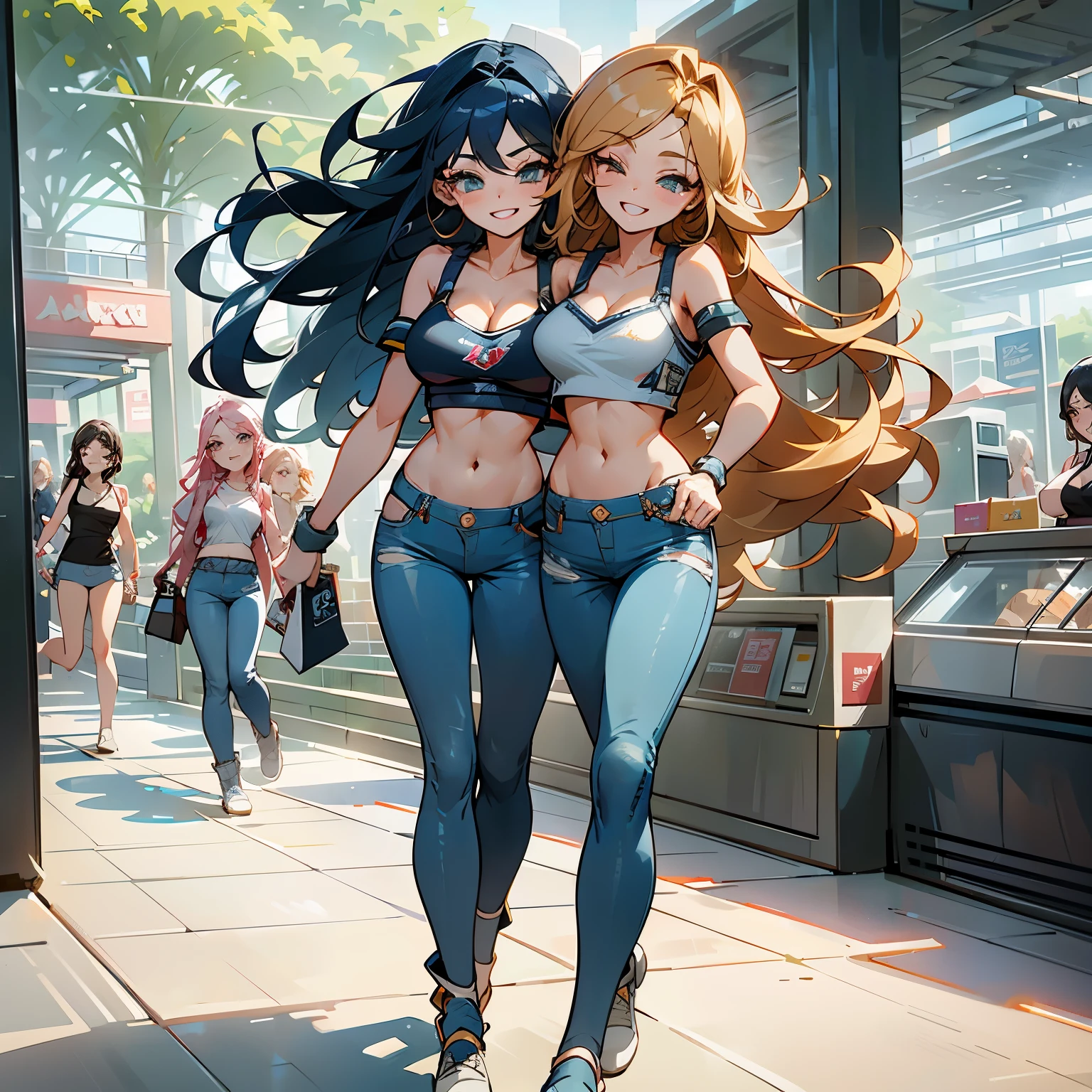 tmasterpiece，very best quality，super detailing，2 beautiful girls，face laughing，Wear ripped sports bras and blue jeans，walking in the shopping malls，beautiful shopping malls background，Detailed skins，8K，full body shot of，Grassed , (two heads)